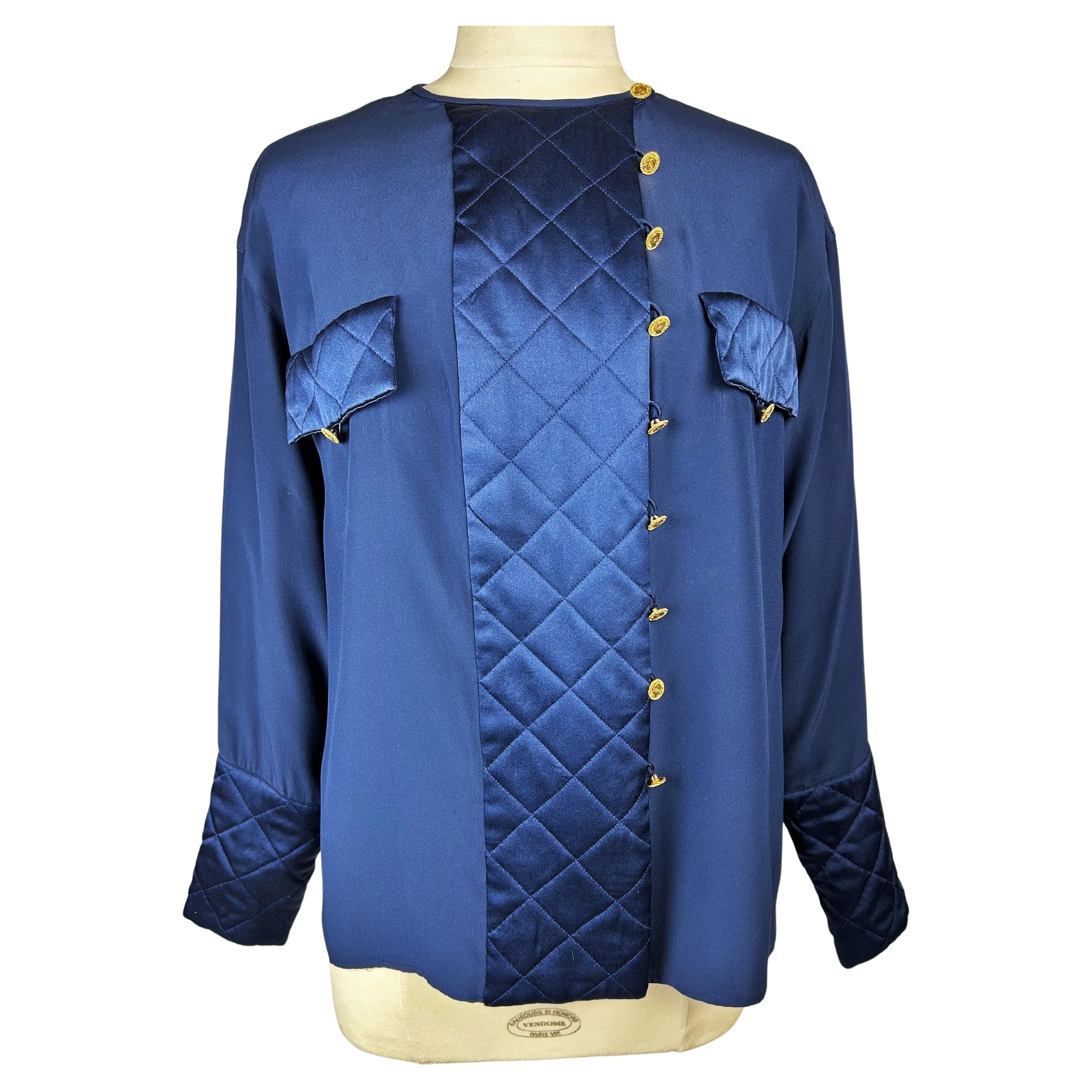 Navy crepe and satin blouse by Chanel Circa 1995 For Sale at 1stDibs