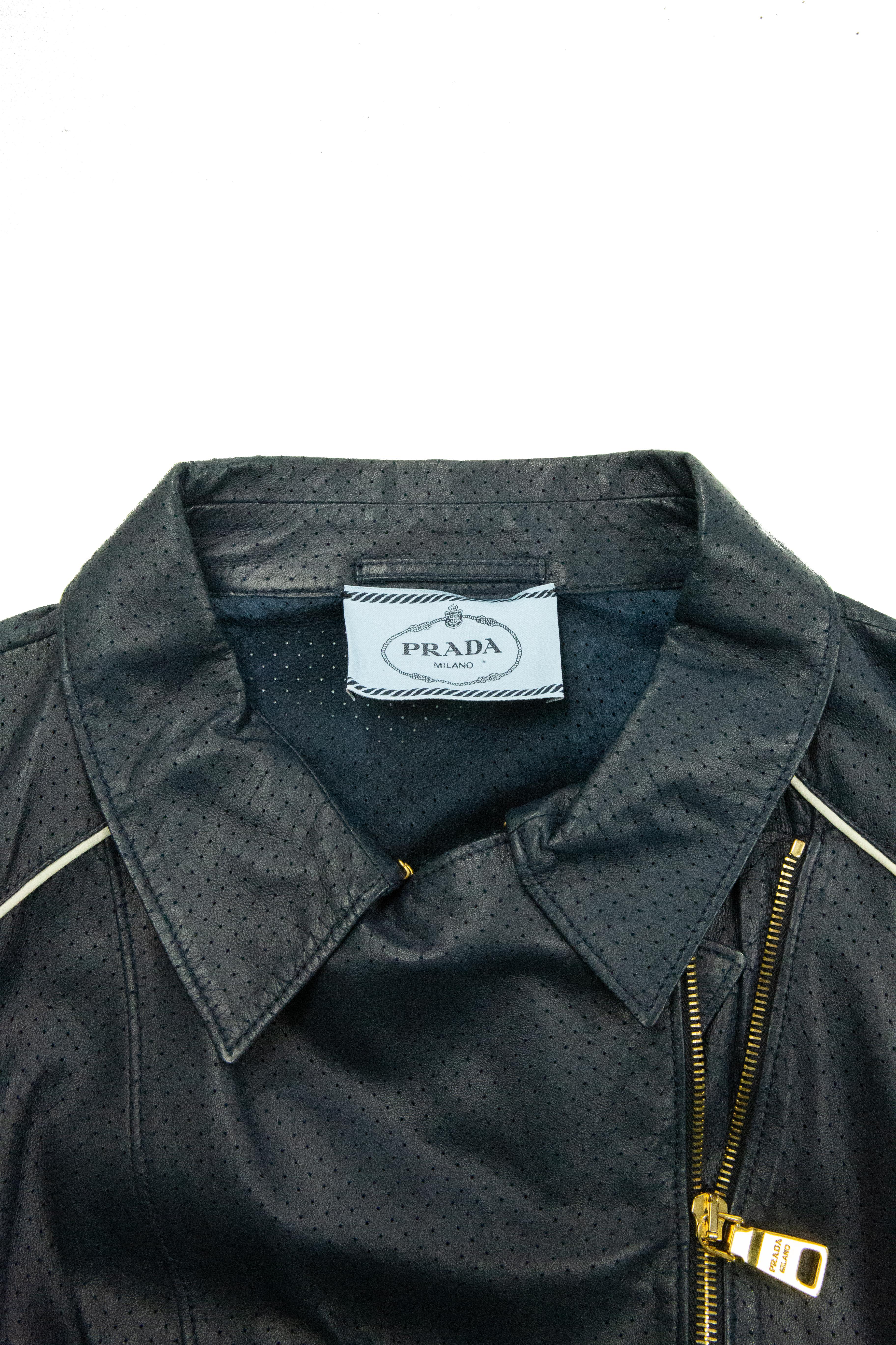 Gray Navy Cropped Prada Leather Jacket