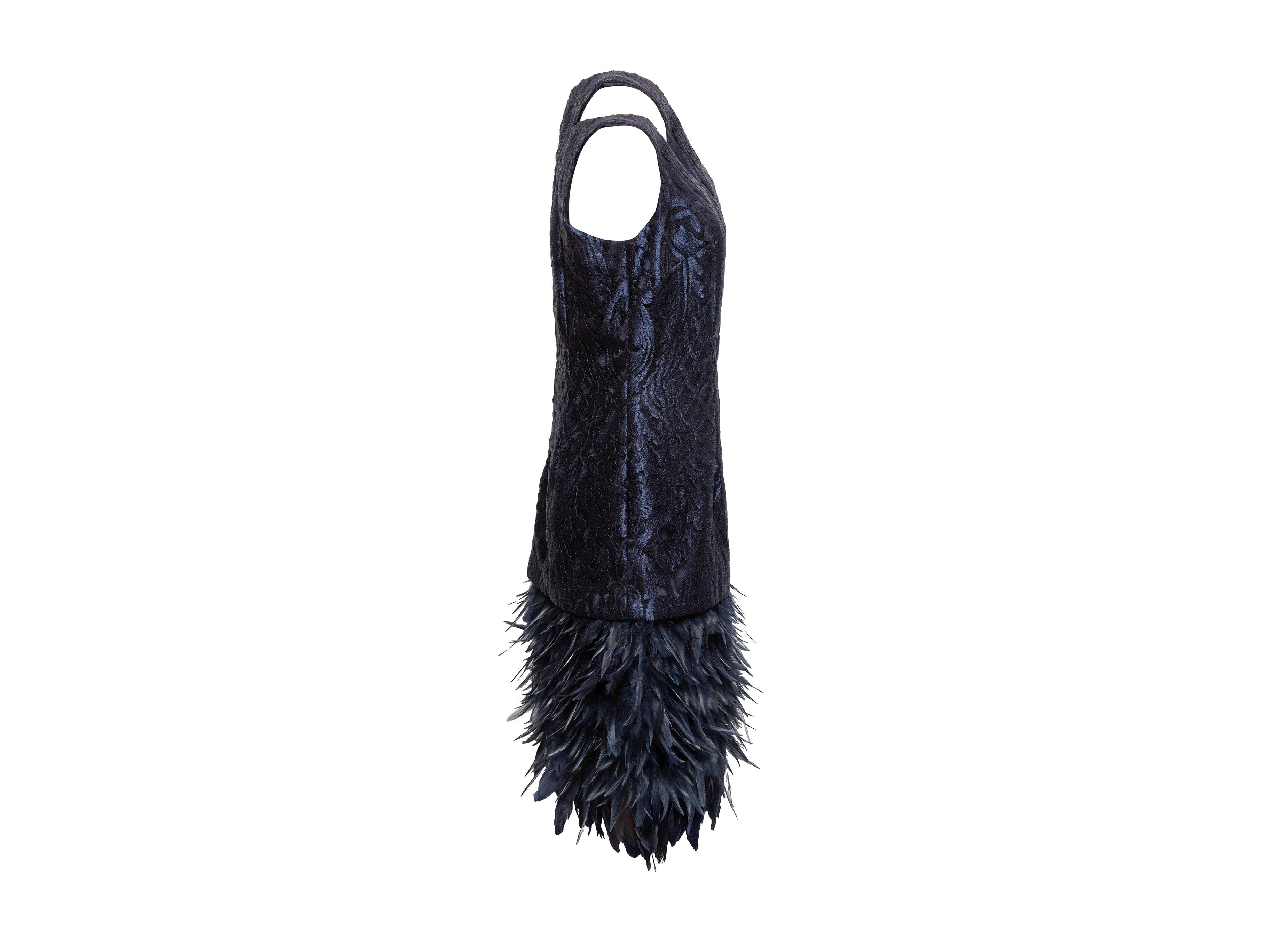 Black Navy David Meister Jacquard Feather-Trimmed Dress Size US 14 For Sale