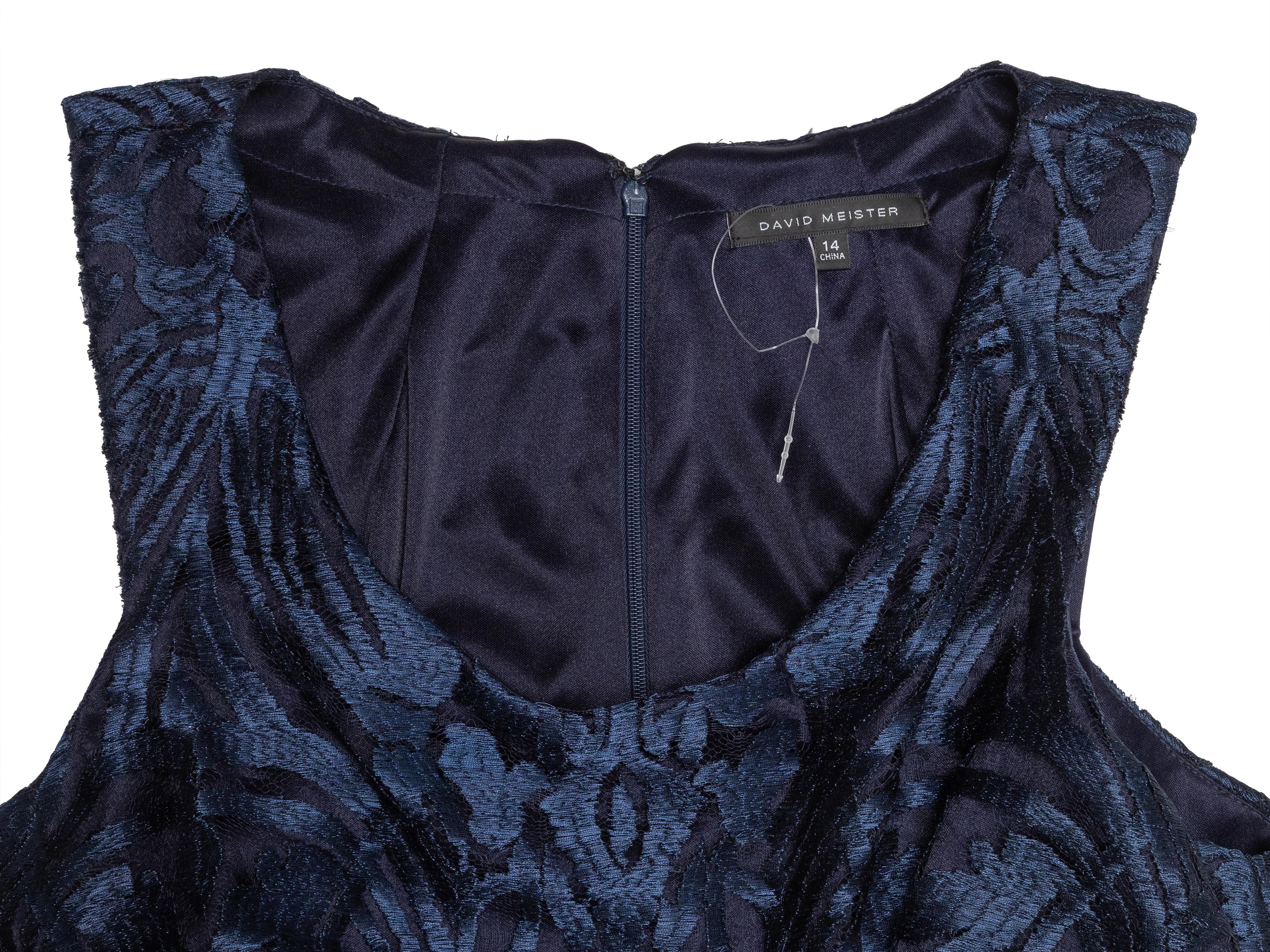 Navy David Meister Jacquard Feather-Trimmed Dress Size US 14 In Good Condition For Sale In New York, NY