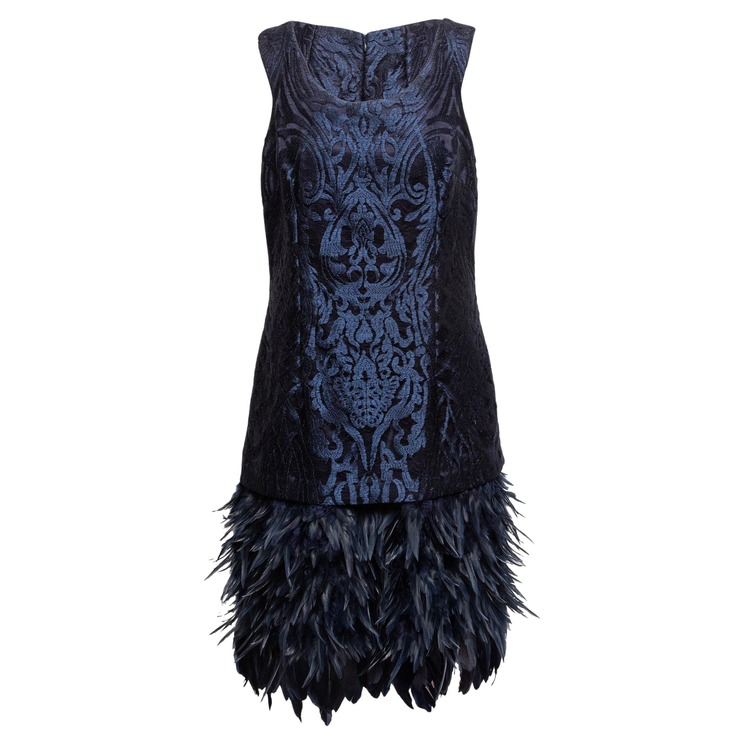 Navy David Meister Jacquard Feather-Trimmed Dress Size US 14 For Sale