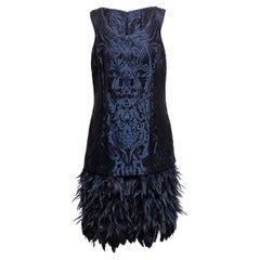 Navy David Meister Jacquard Feather-Trimmed Dress Size US 14