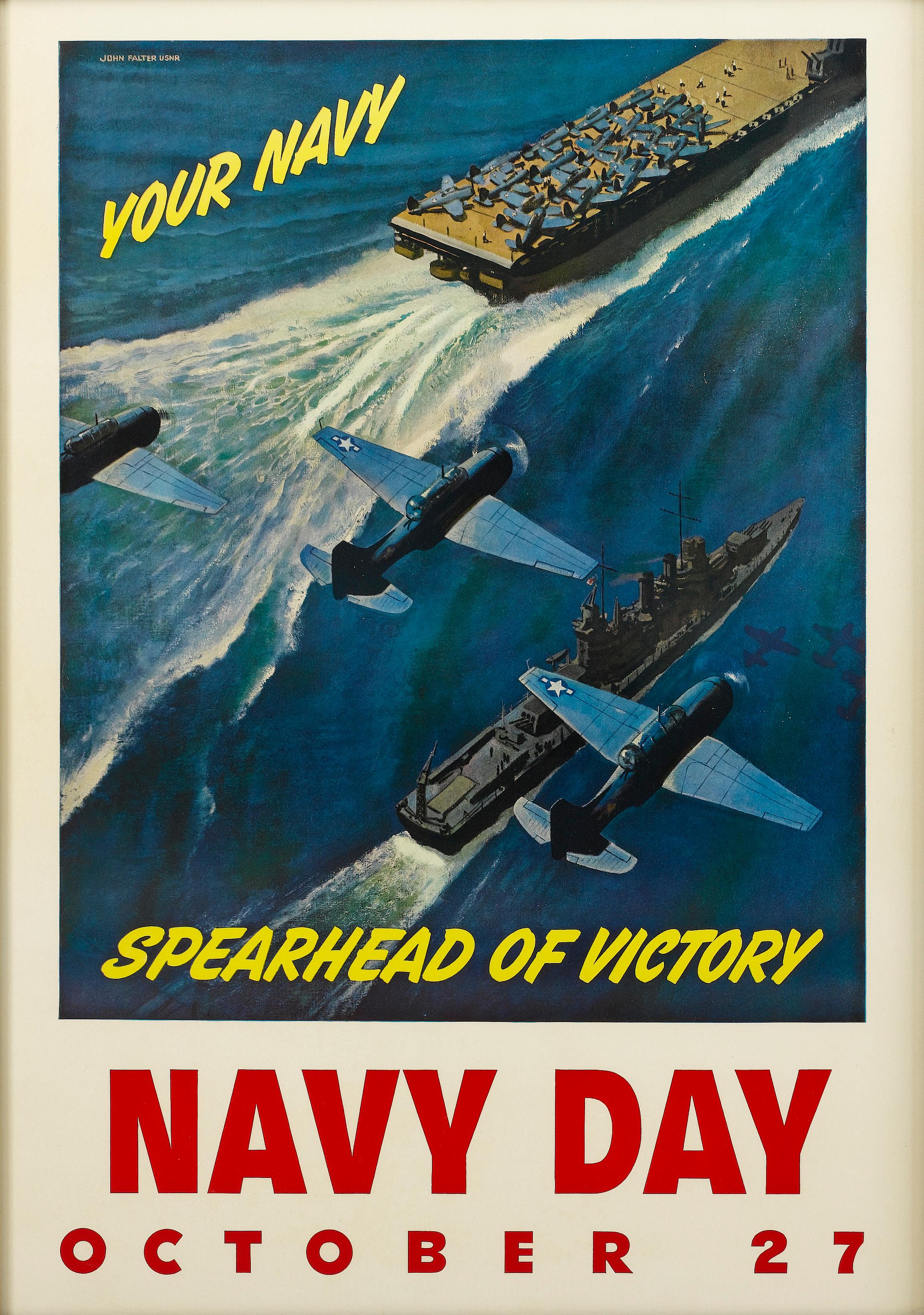 This is an original WWII chromolithographic poster, designed for the Navy. The poster is by John Philip Falter and was published in 1940s by the Office of War Information.

The poster features a dynamic and artful illustration of three Navy Avenger