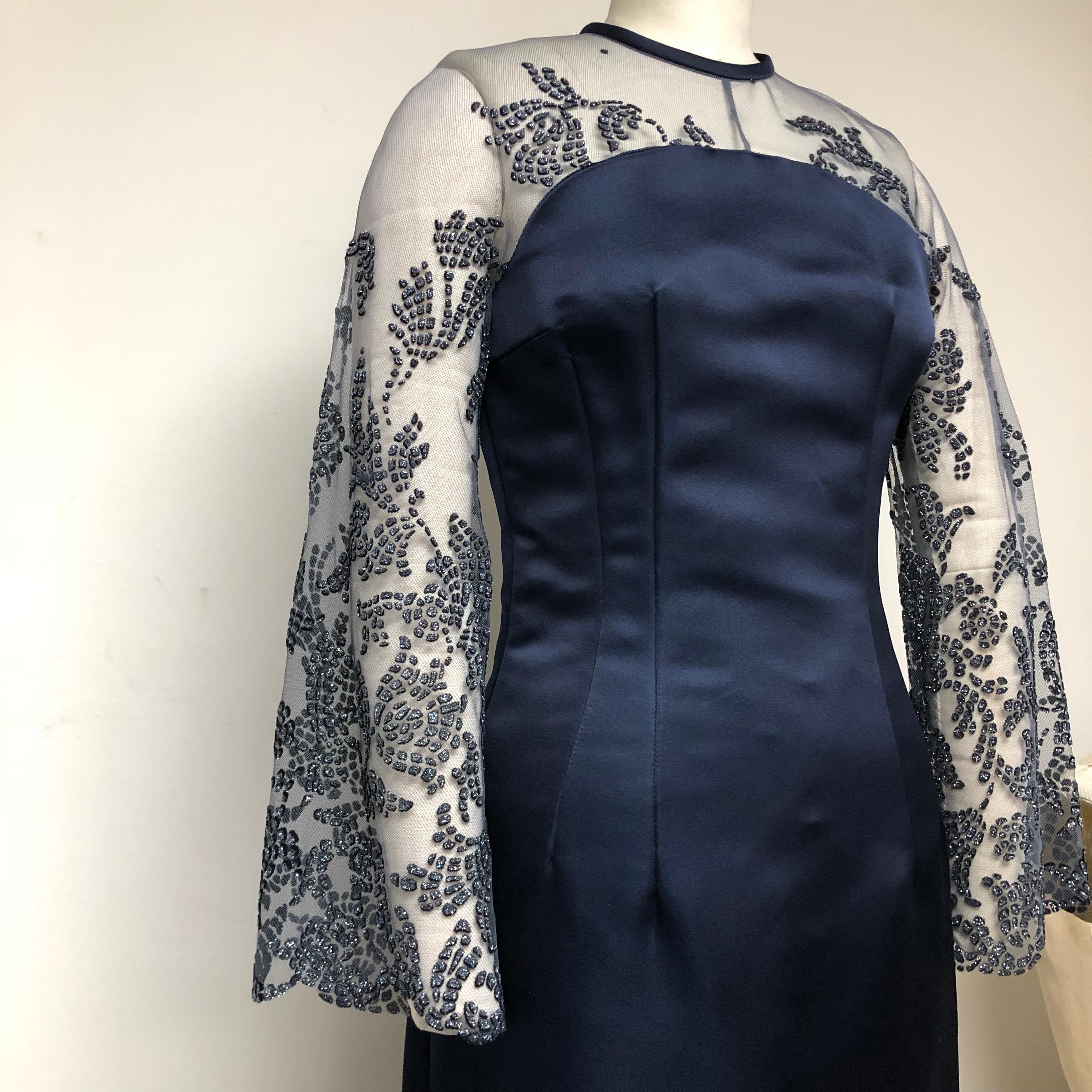 Navy Double Faced Satin Gown with Embellished Upper Bodice and Sleeves In Excellent Condition For Sale In Los Angeles, CA