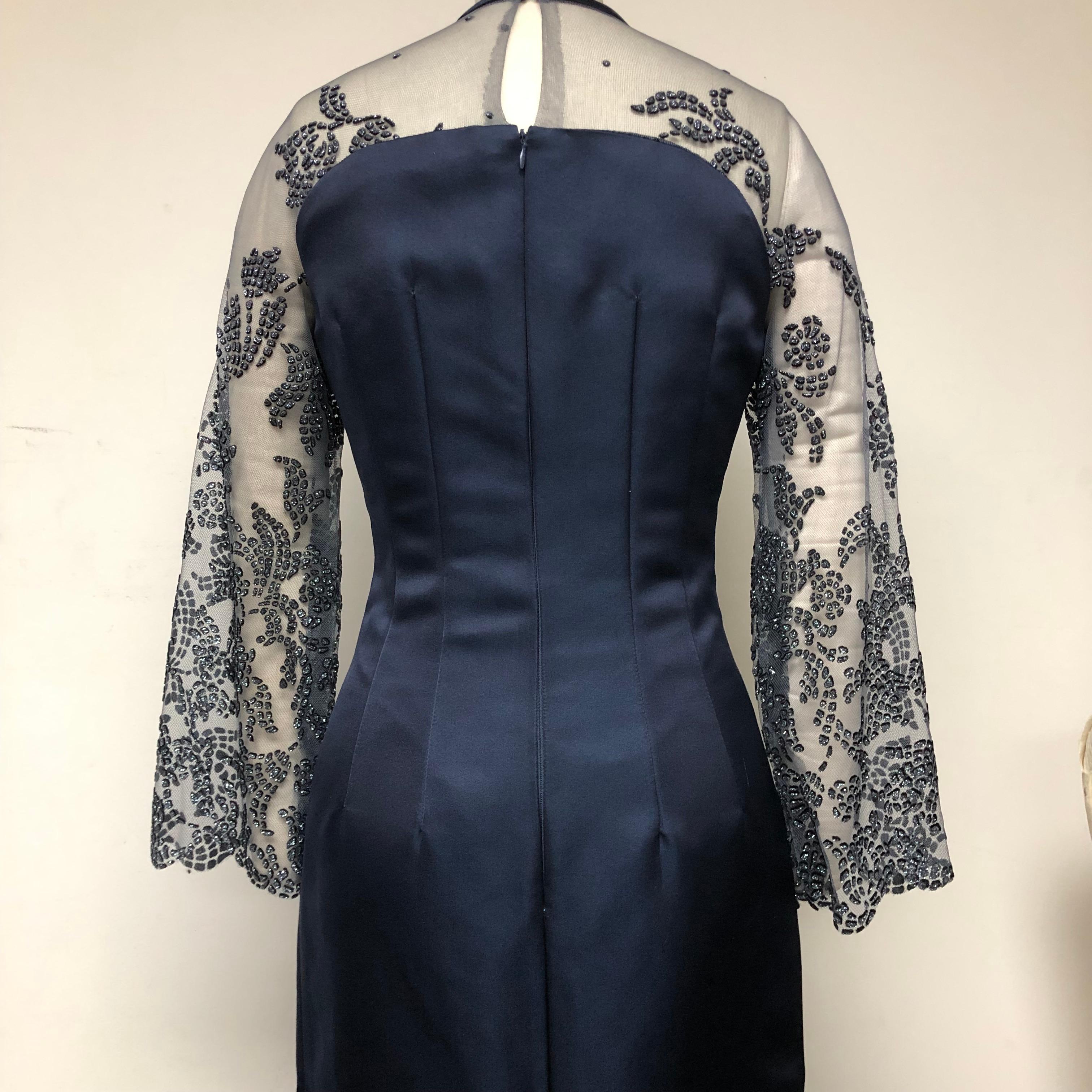 Navy Double Faced Satin Gown with Embellished Upper Bodice and Sleeves For Sale 1