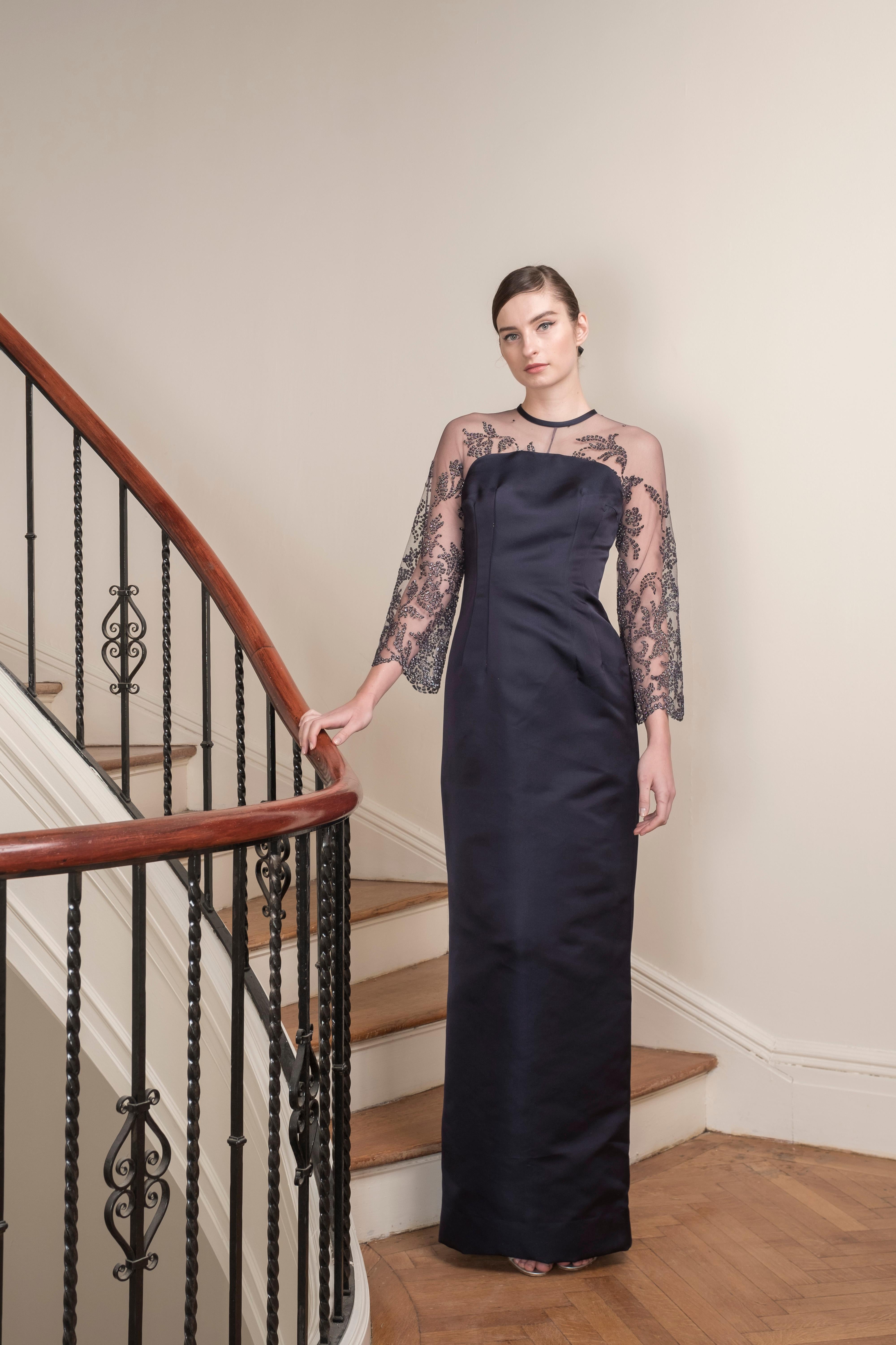 Navy Double Faced Satin Gown with Embellished Upper Bodice and Sleeves For Sale 3