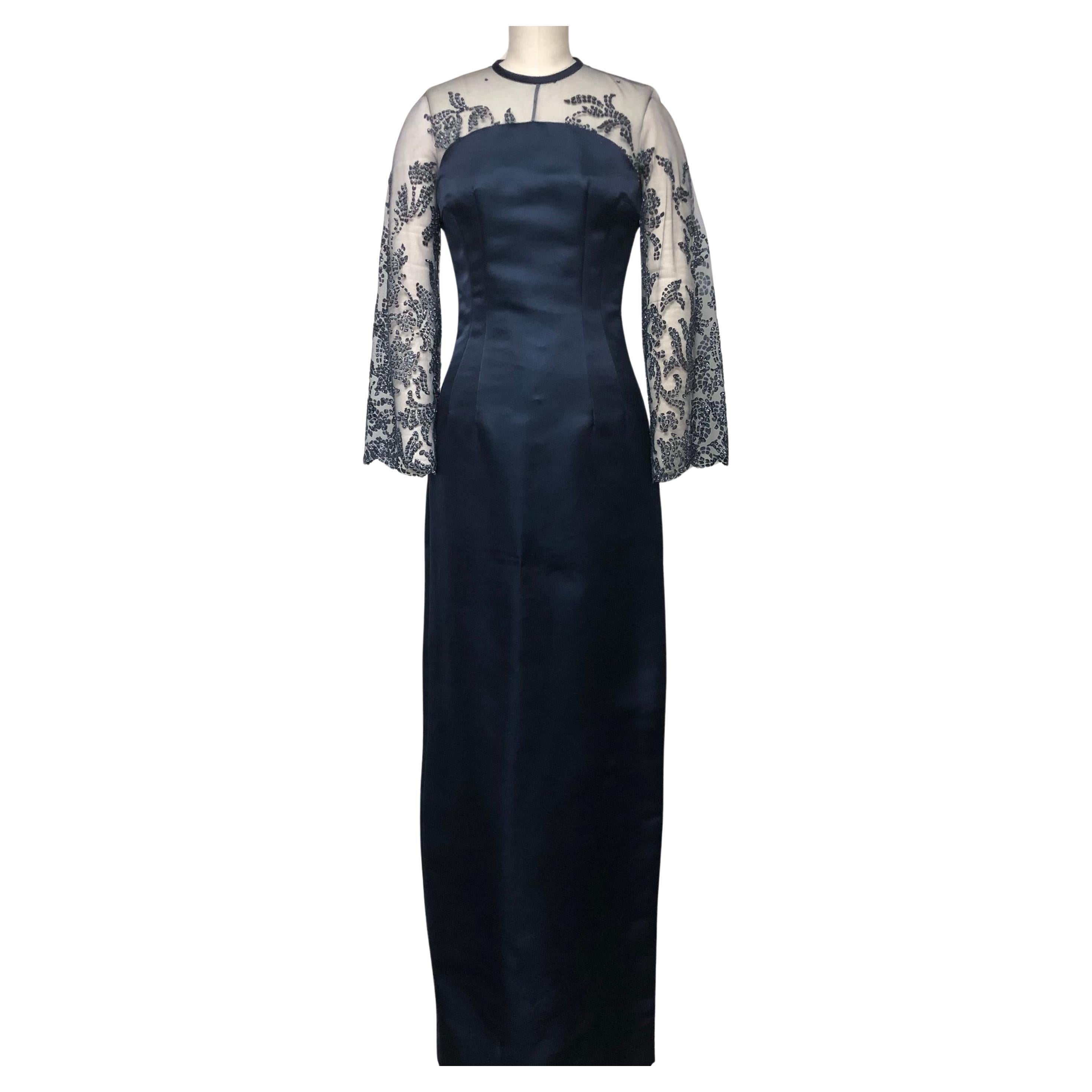 Navy Double Faced Satin Gown with Embellished Upper Bodice and Sleeves For Sale