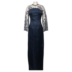 Navy Double Faced Satin Gown with Embellished Upper Bodice and Sleeves