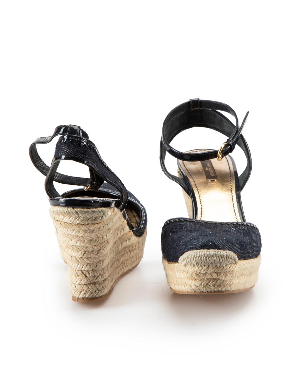 Navy Embroidered Espadrille Wedges Size IT 41 In Good Condition For Sale In London, GB