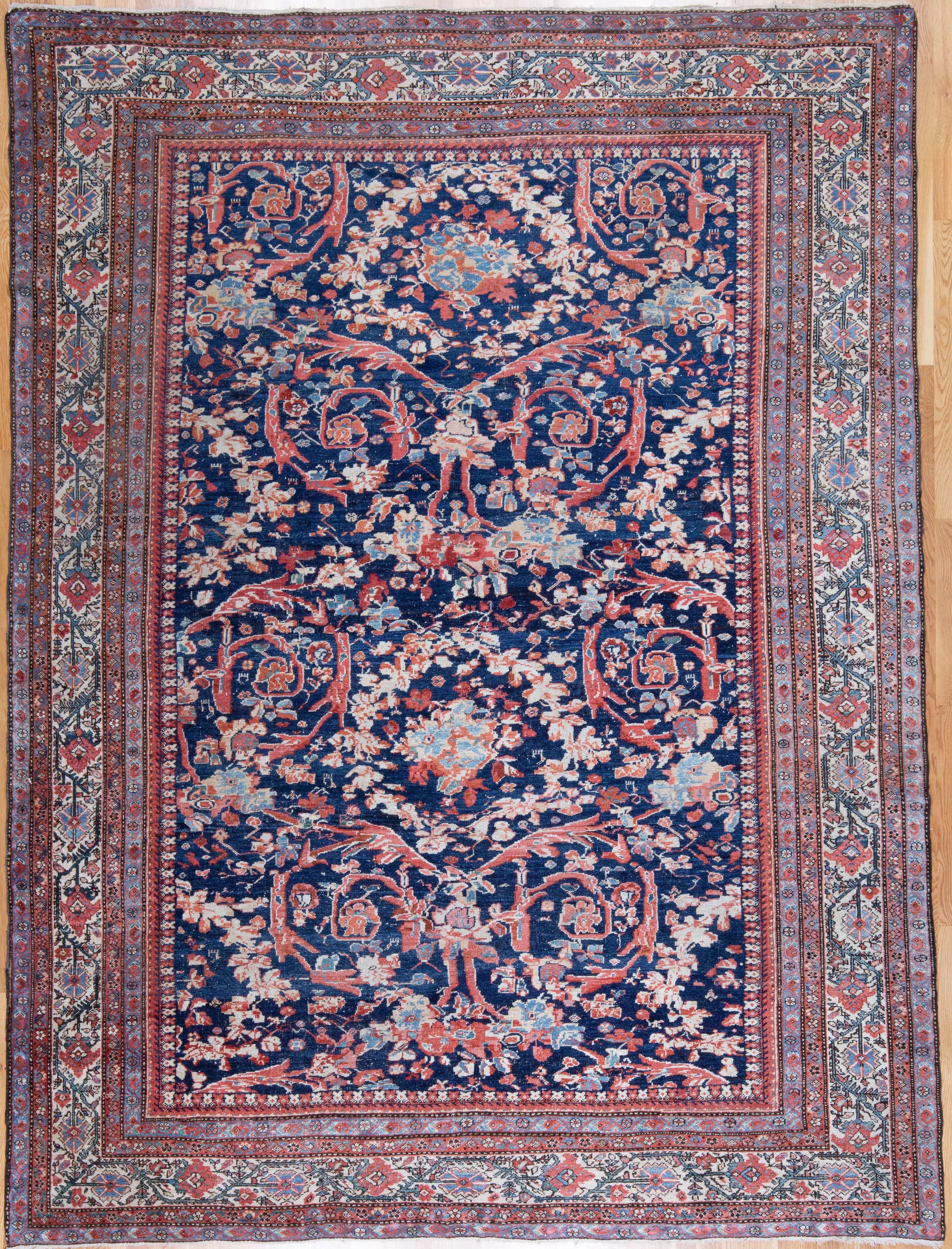 Hand-Woven Navy Field Antique Persian Ferahan Rug Rose Floral Carpet For Sale