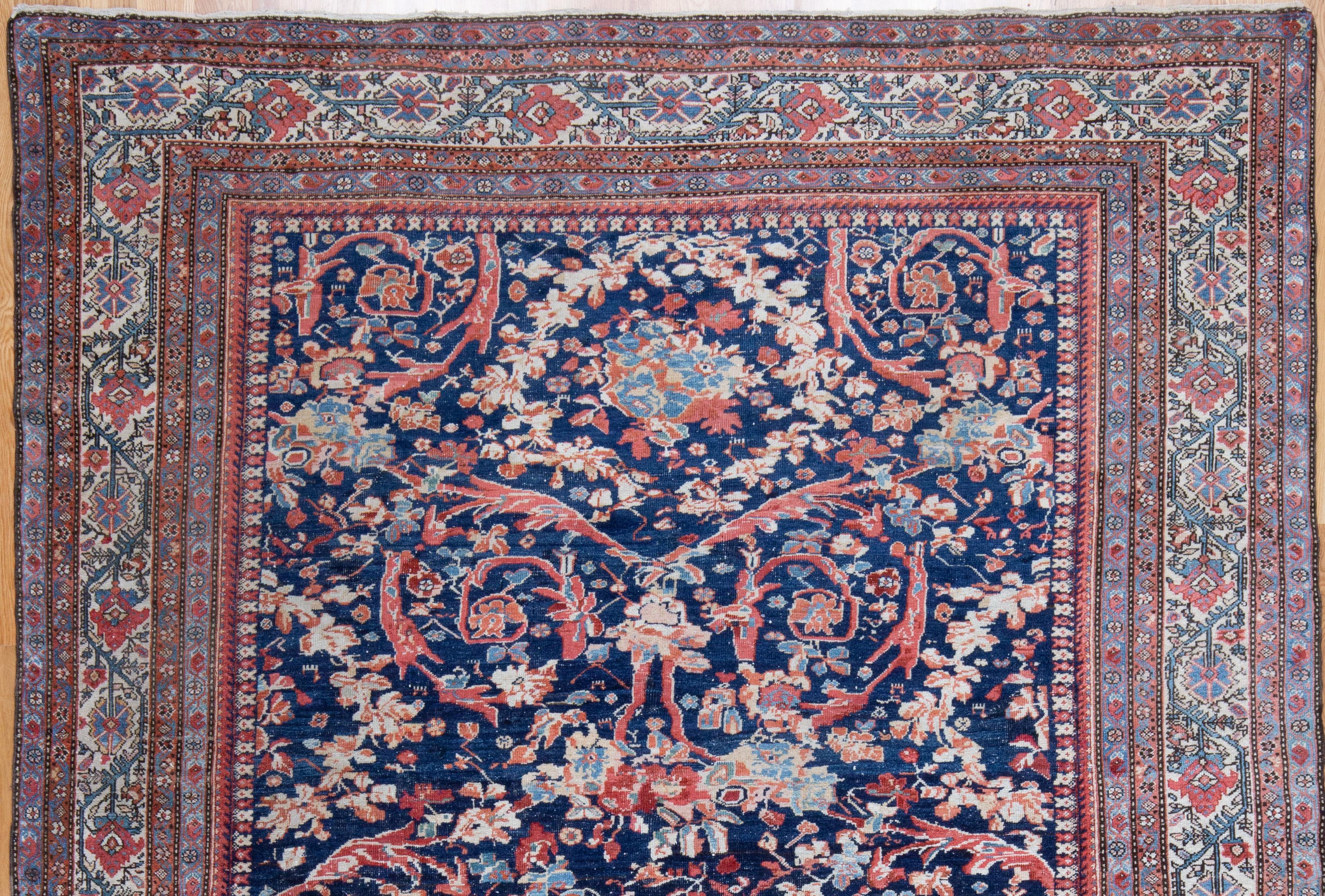 Early 20th Century Navy Field Antique Persian Ferahan Rug Rose Floral Carpet For Sale