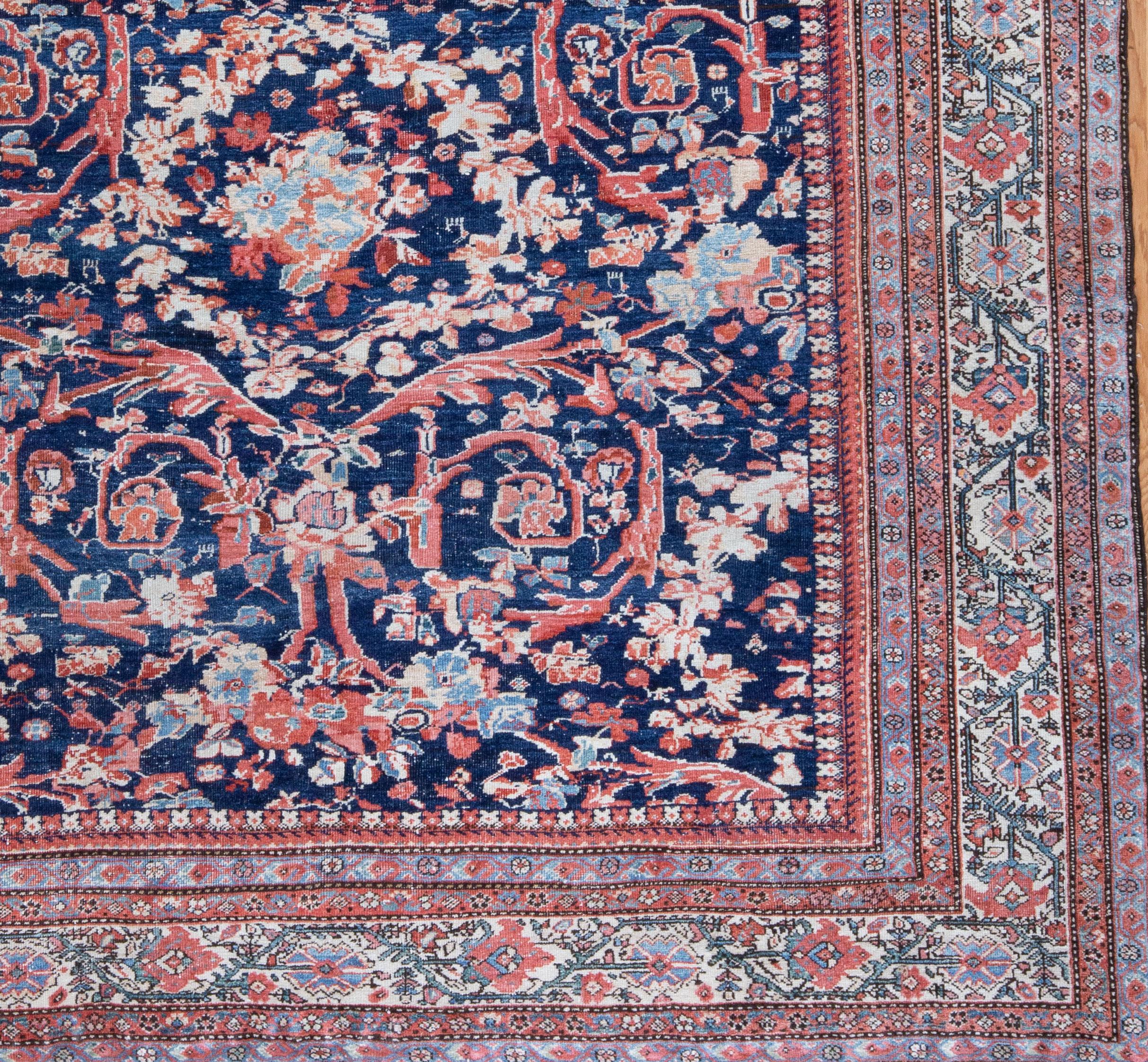 Wool Navy Field Antique Persian Ferahan Rug Rose Floral Carpet For Sale