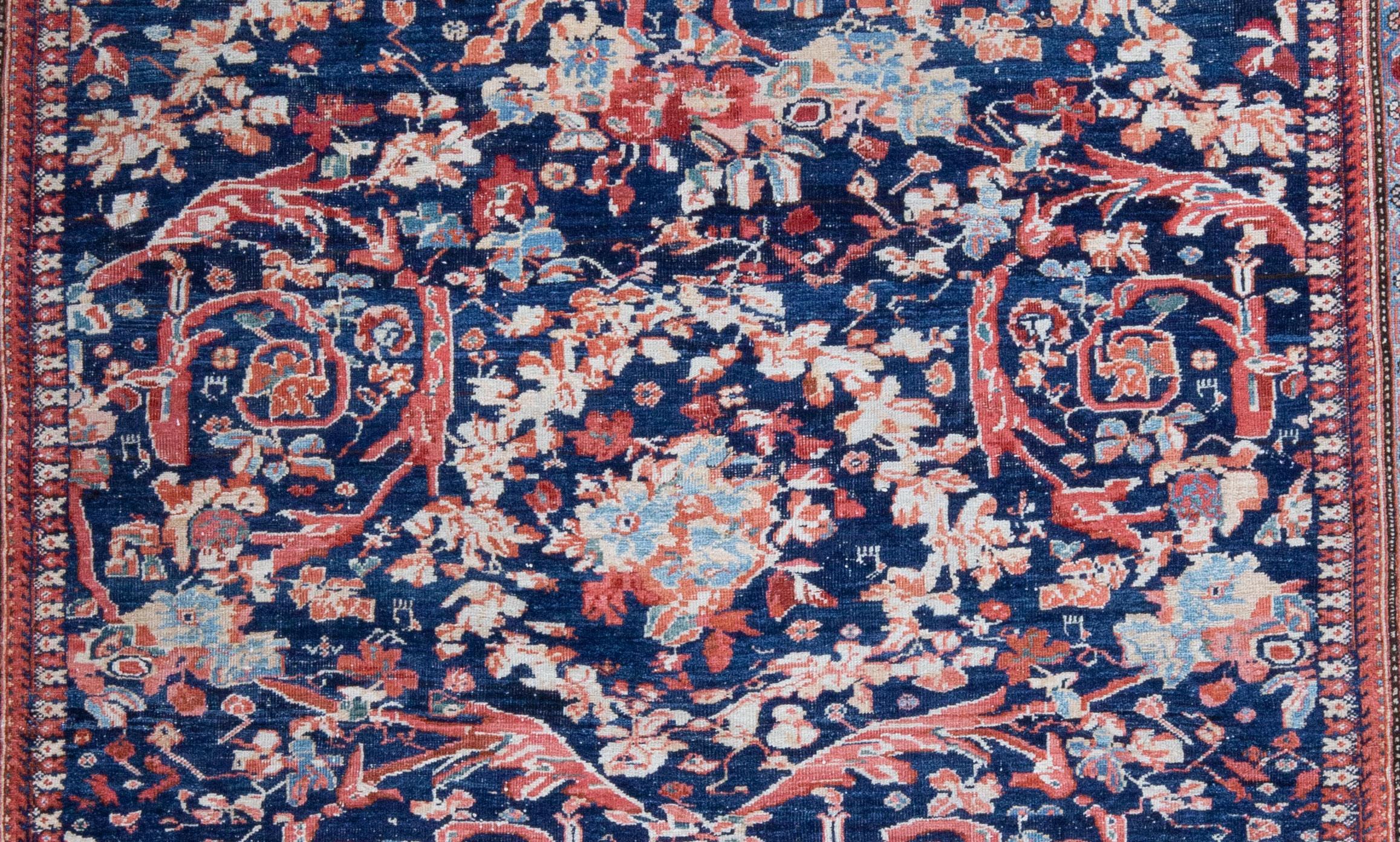 Navy Field Antique Persian Ferahan Rug Rose Floral Carpet For Sale 1