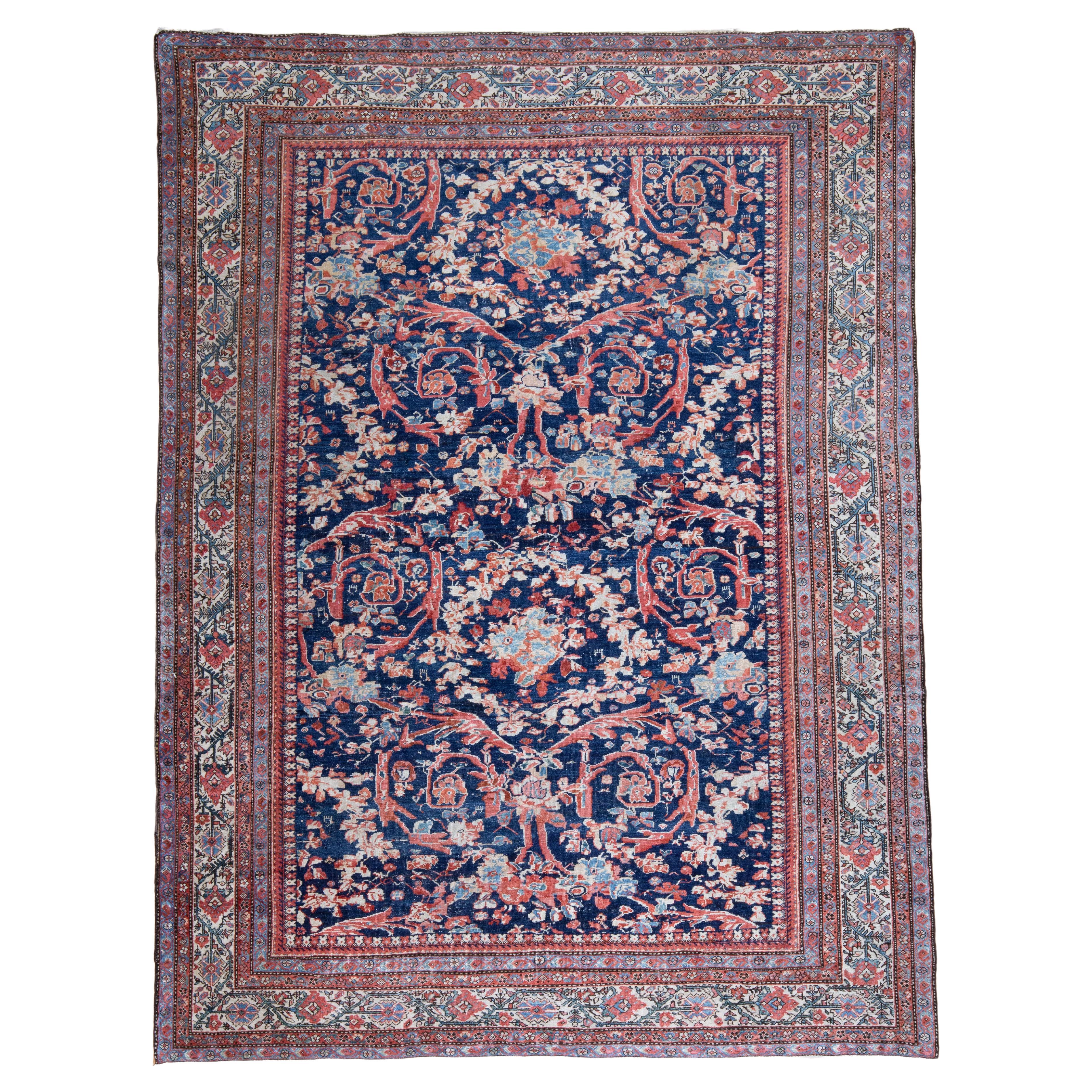 Navy Field Antique Persian Ferahan Rug Rose Floral Carpet For Sale