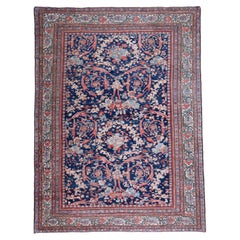Navy Field Antique Persian Ferahan Rug Rose Floral Carpet