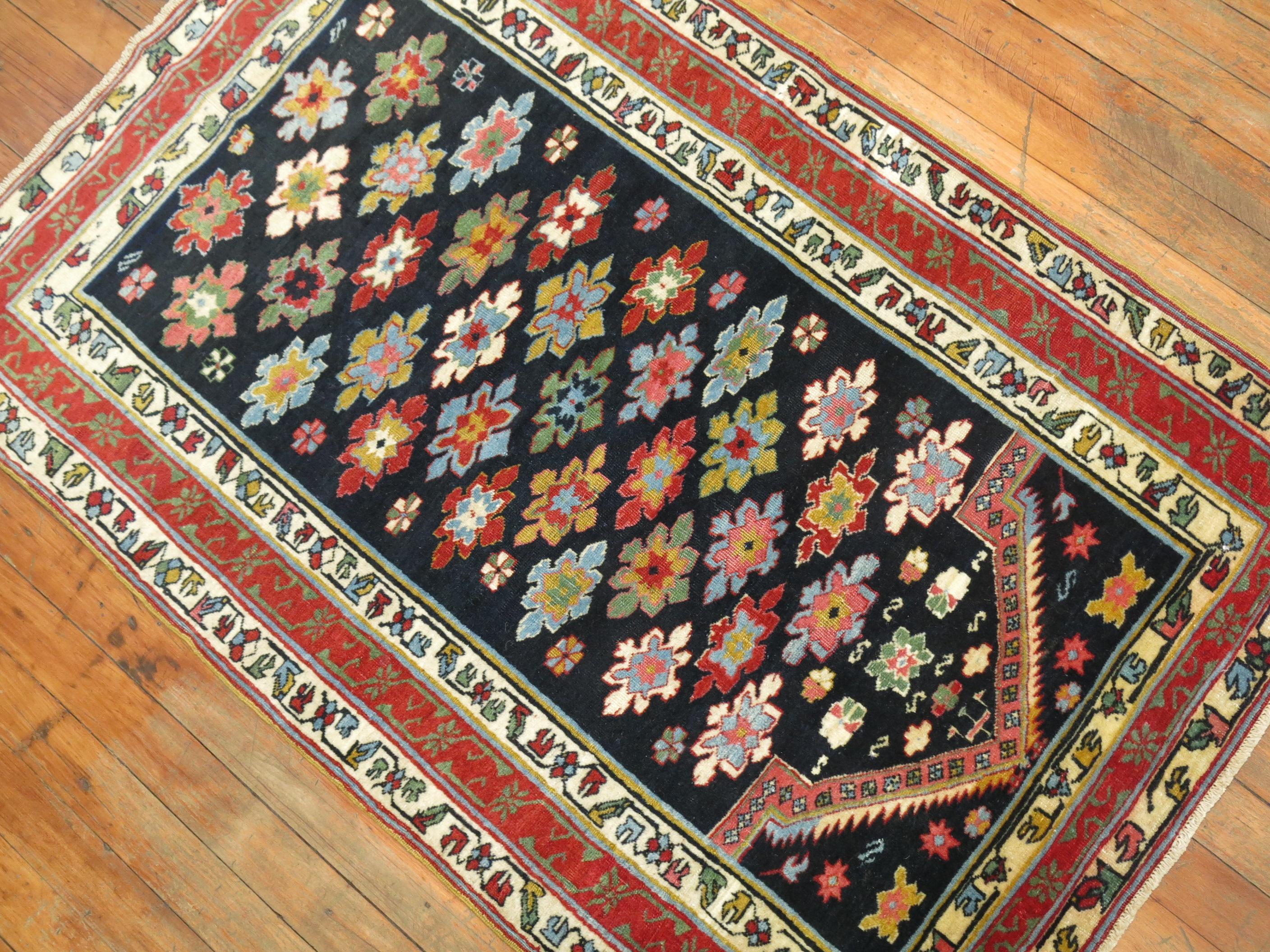 Hand-Woven Navy Field Late 19th Century Antique Caucasian Shirvan Prayer Small Rug For Sale