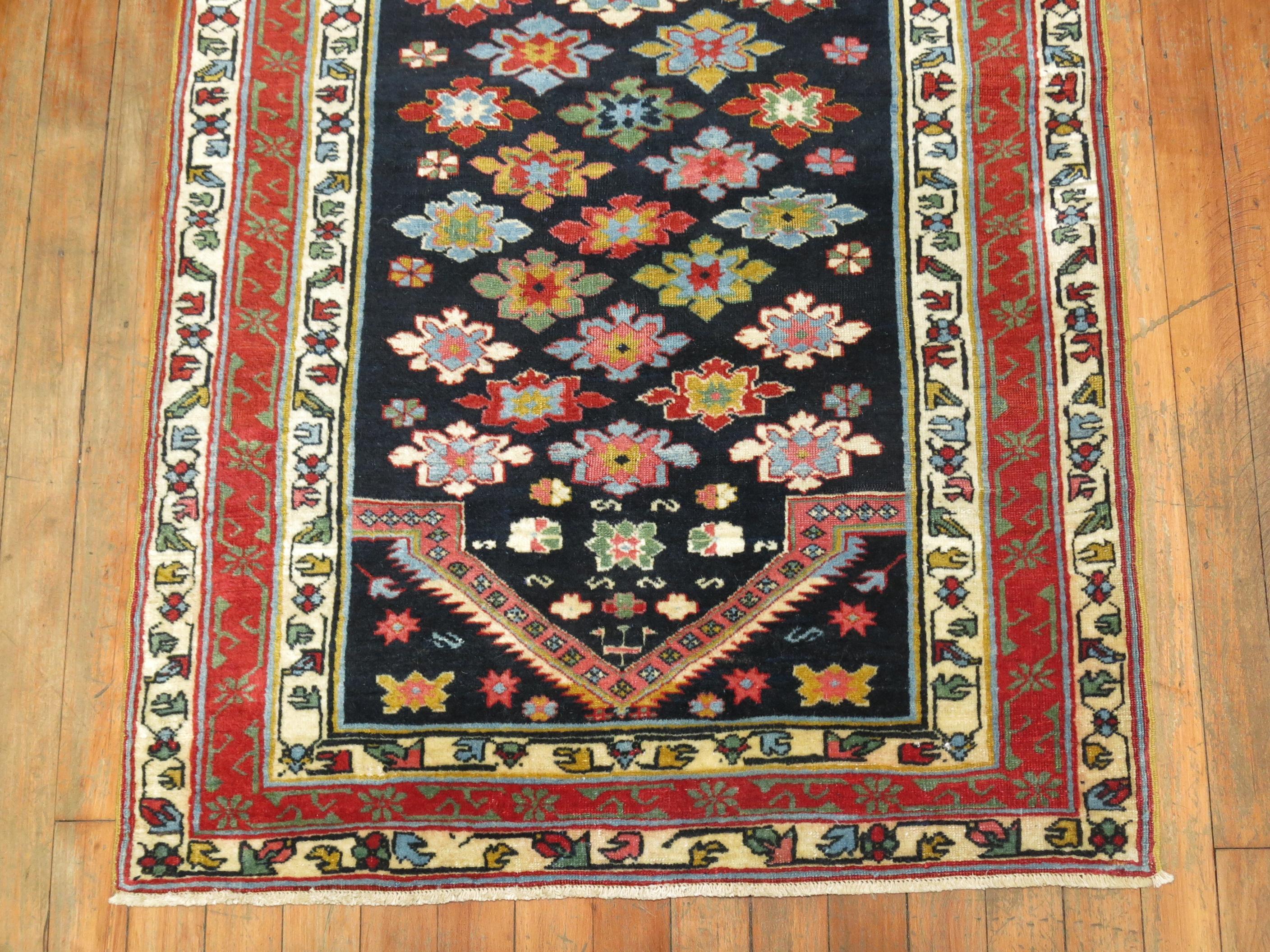 Navy Field Late 19th Century Antique Caucasian Shirvan Prayer Small Rug In Good Condition For Sale In New York, NY