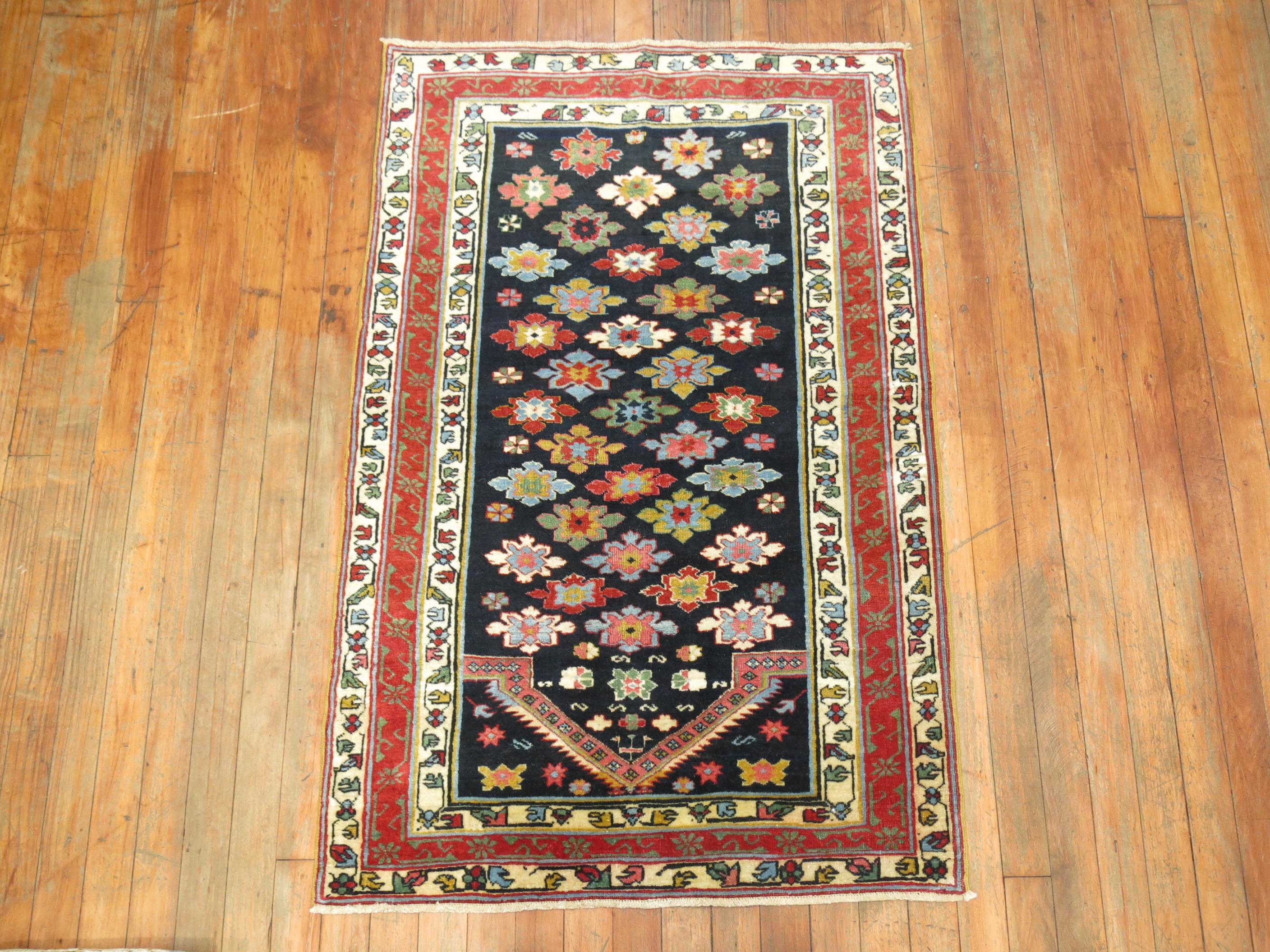 Wool Navy Field Late 19th Century Antique Caucasian Shirvan Prayer Small Rug For Sale