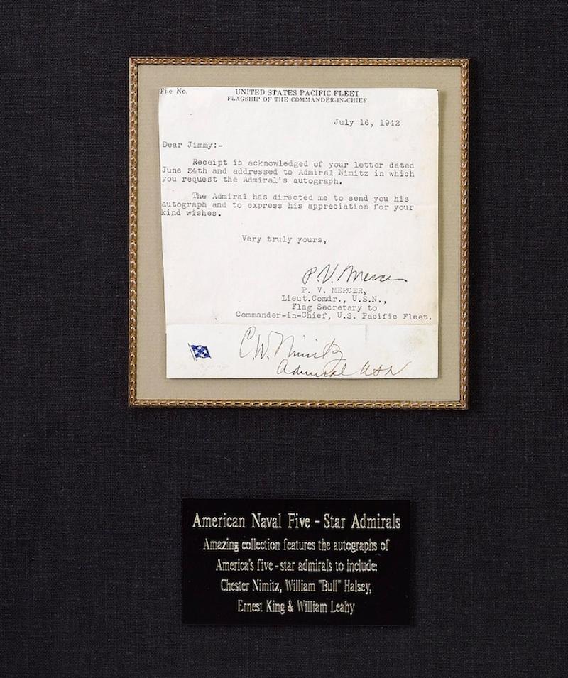 This amazing piece of U.S. Naval history features signed items from all four World War II Navy Admirals to ever wear the five-star rank. All are considered some of the finest admirals in the history of the Navy. Especially Chester Nimitz and William