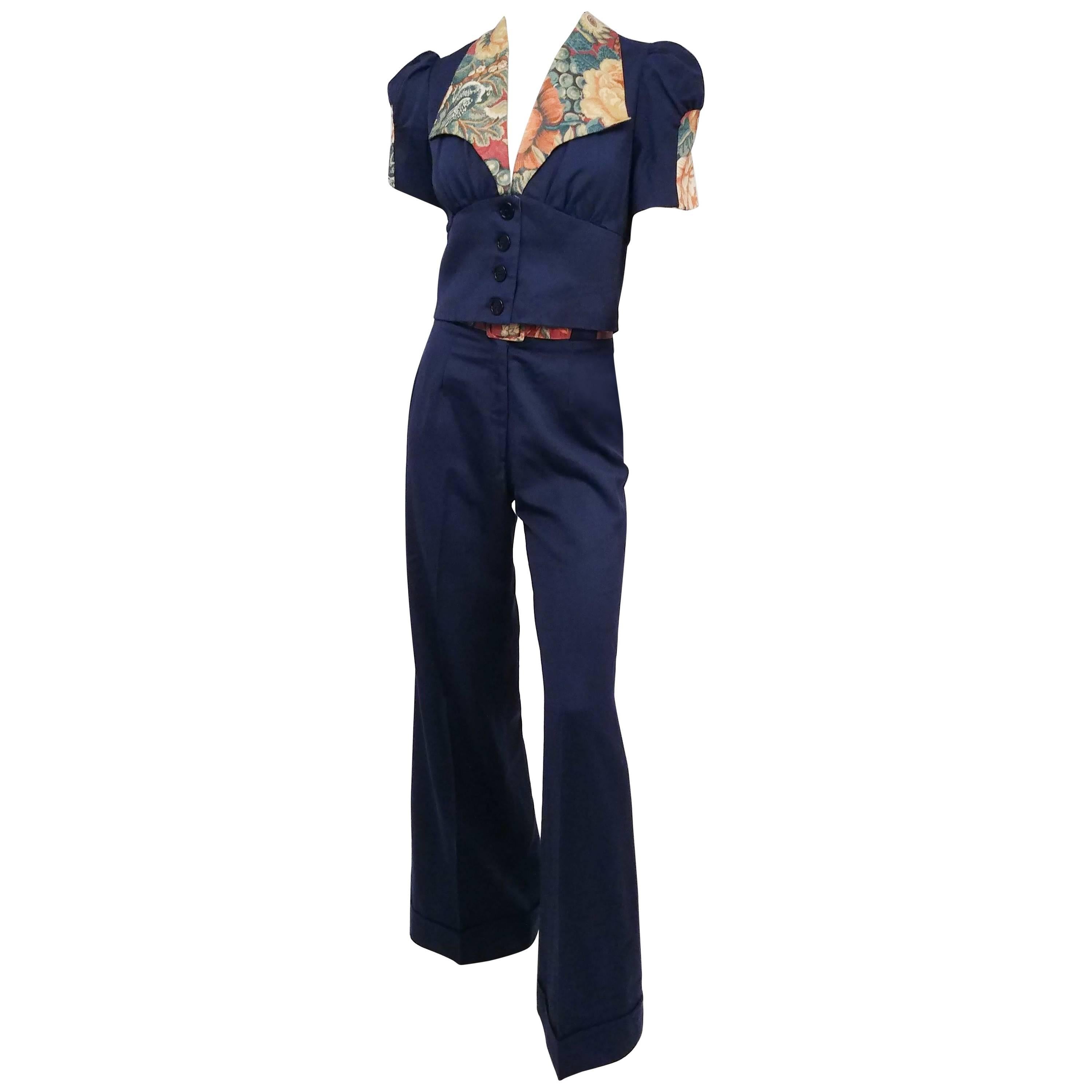 Navy 
Floral Flared Pant 
Wide Collar Blouse Set, 1970s