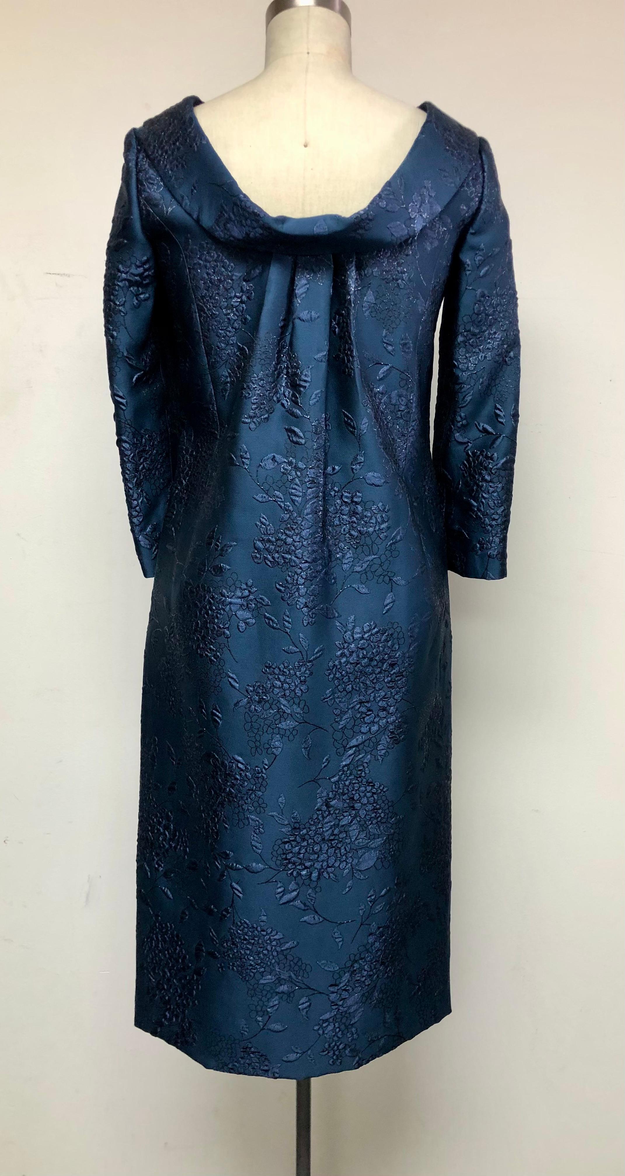 Navy French Brocade Slim Dress with Collar and Draped back  In Excellent Condition For Sale In Los Angeles, CA