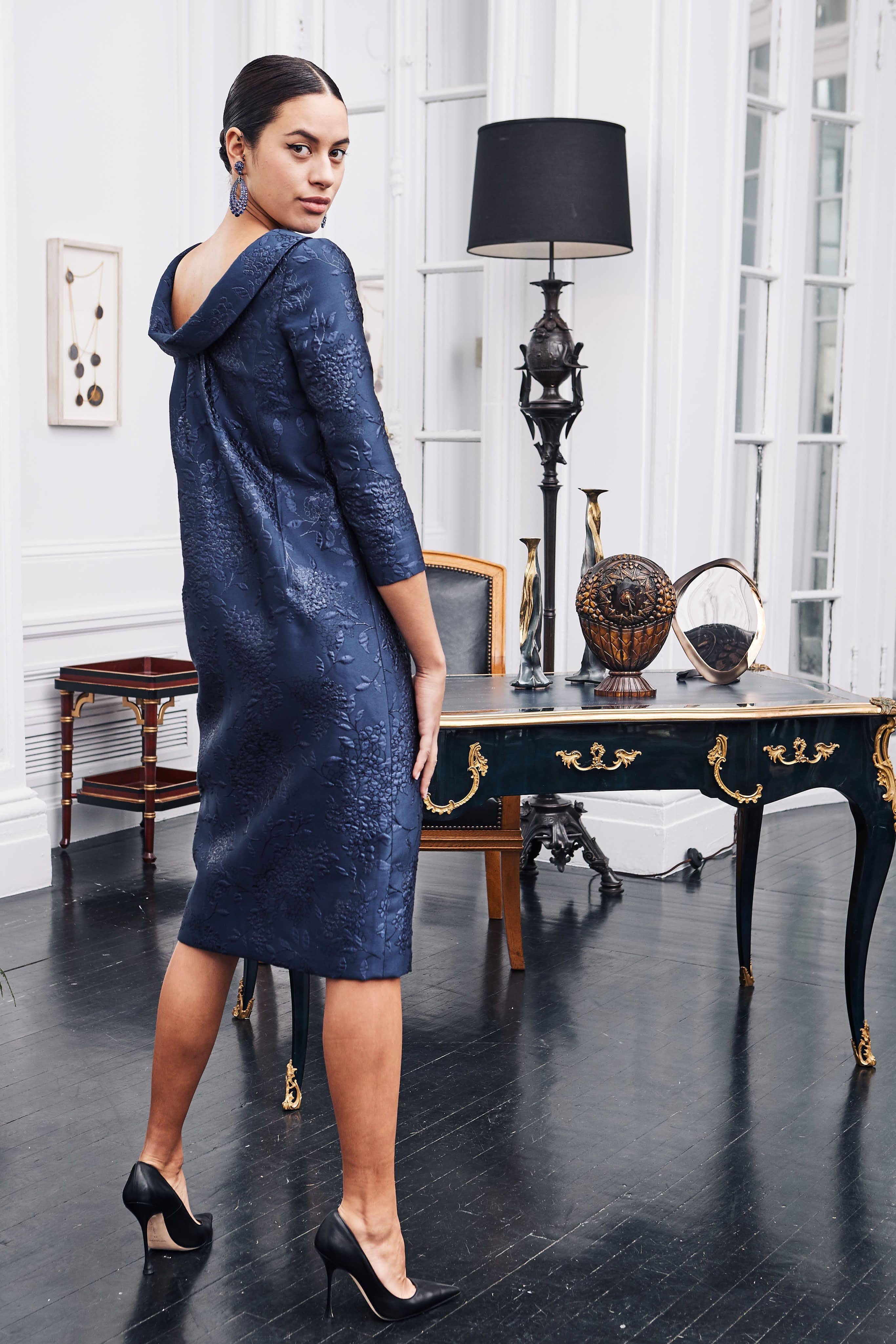 Navy French Brocade Slim Dress with Collar and Draped back  For Sale 3