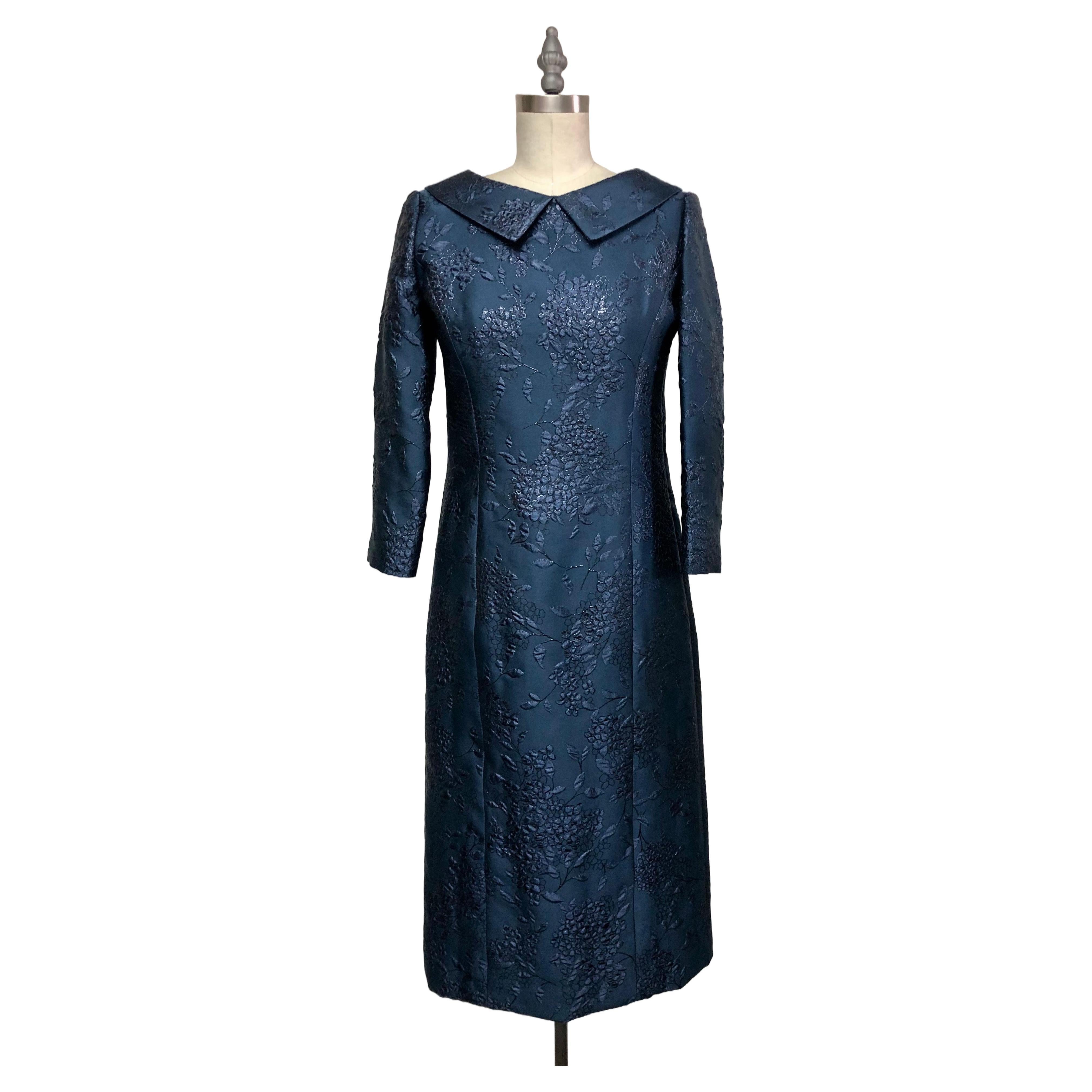 Navy French Brocade Slim Dress with Collar and Draped back  For Sale
