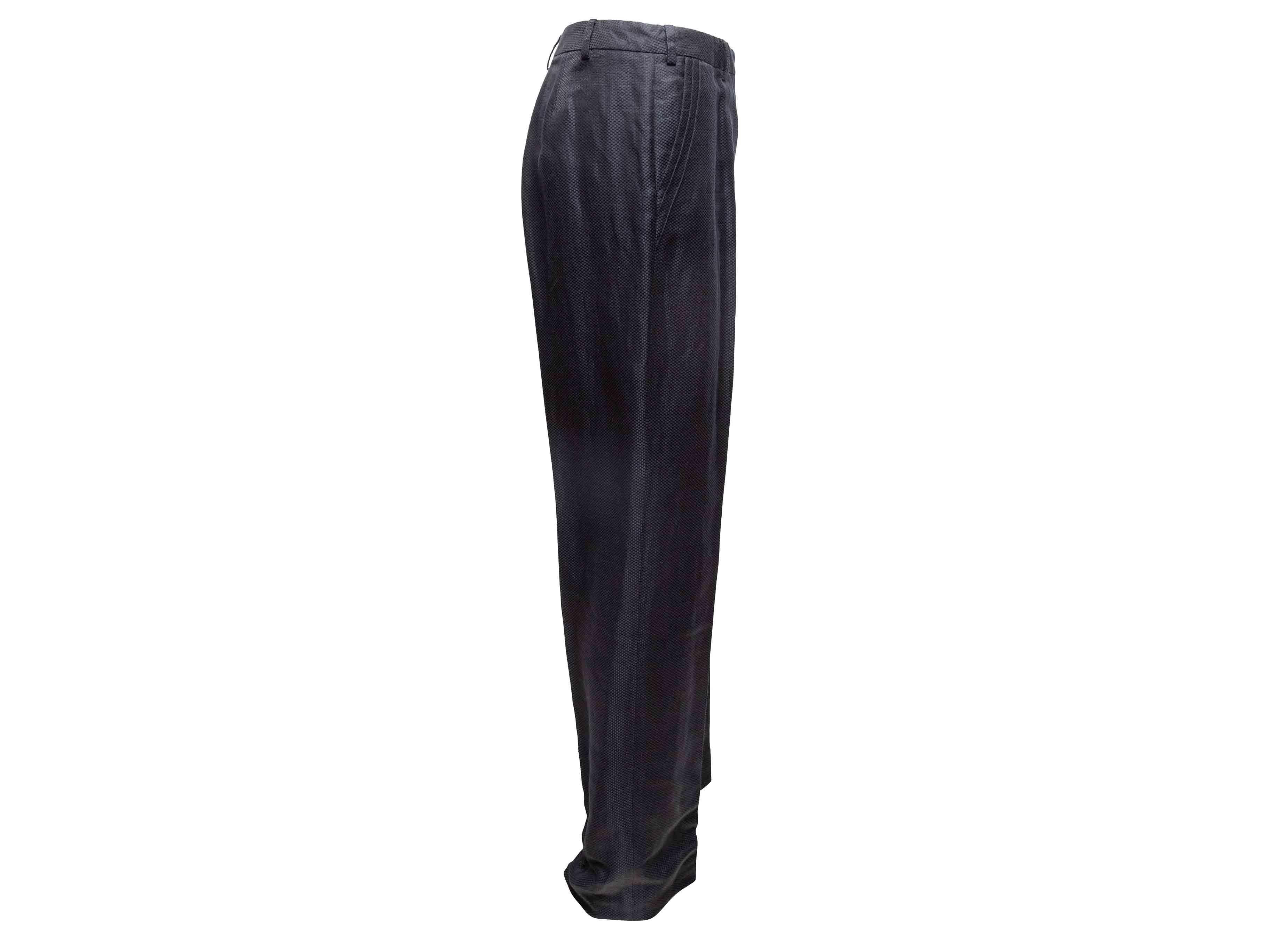 Navy linen-blend textured straight-leg trousers by Giorgio Armani. Dual hip pockets. Front closure. 34