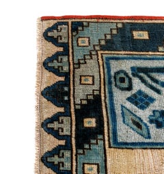 Navy, Green and Beige Handmade Wool Turkish Old Anatolian Konya Rug