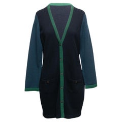 Marineblaue & grüne Chanel 2008 Kaschmir Longline Strickjacke aus Kaschmir Größe FR 44