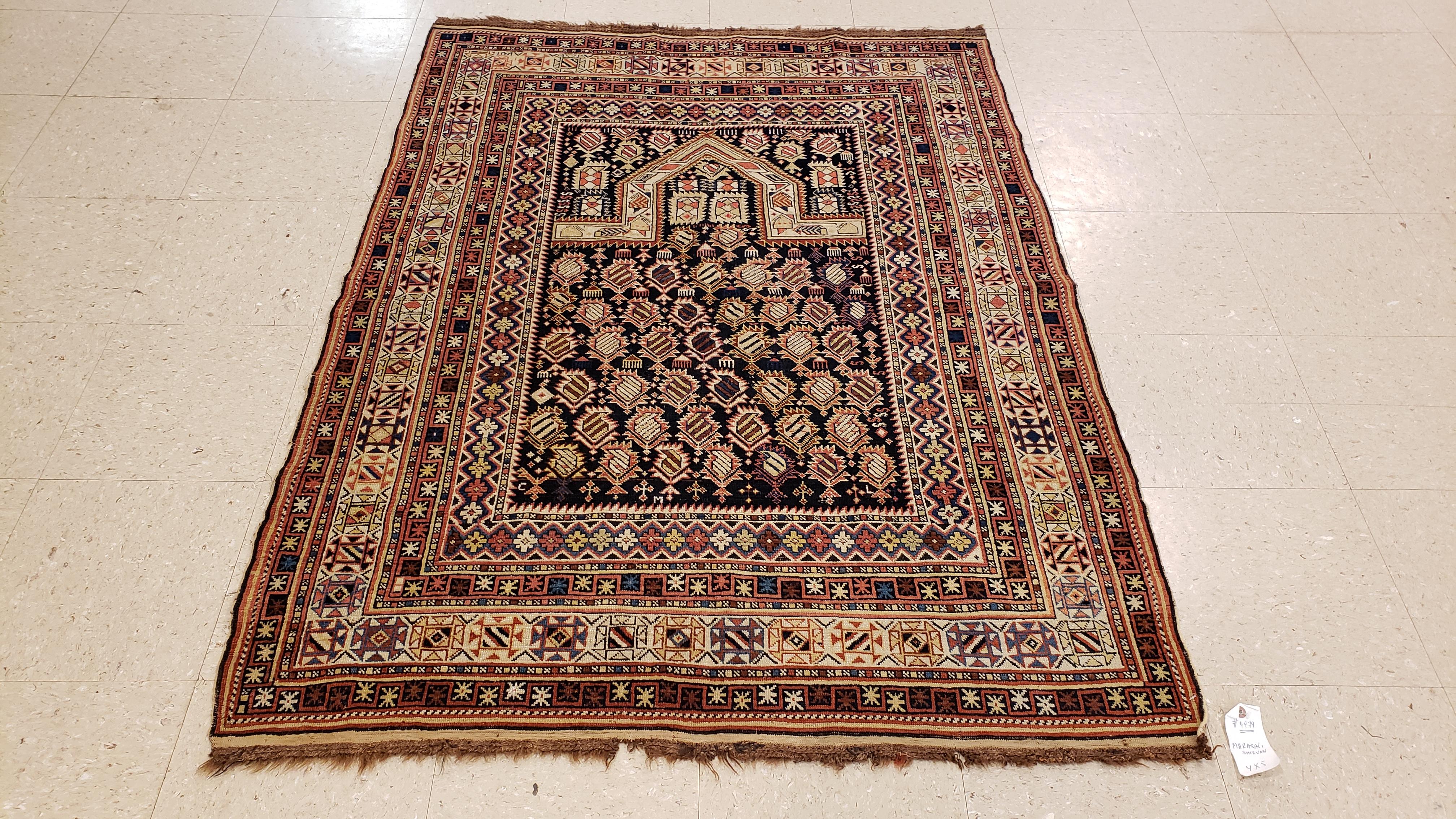 Navy Ground Antique Marasali Shirvan Prayer Rug, Hand Knotted, Wool Oriental Rug In Good Condition For Sale In Port Washington, NY