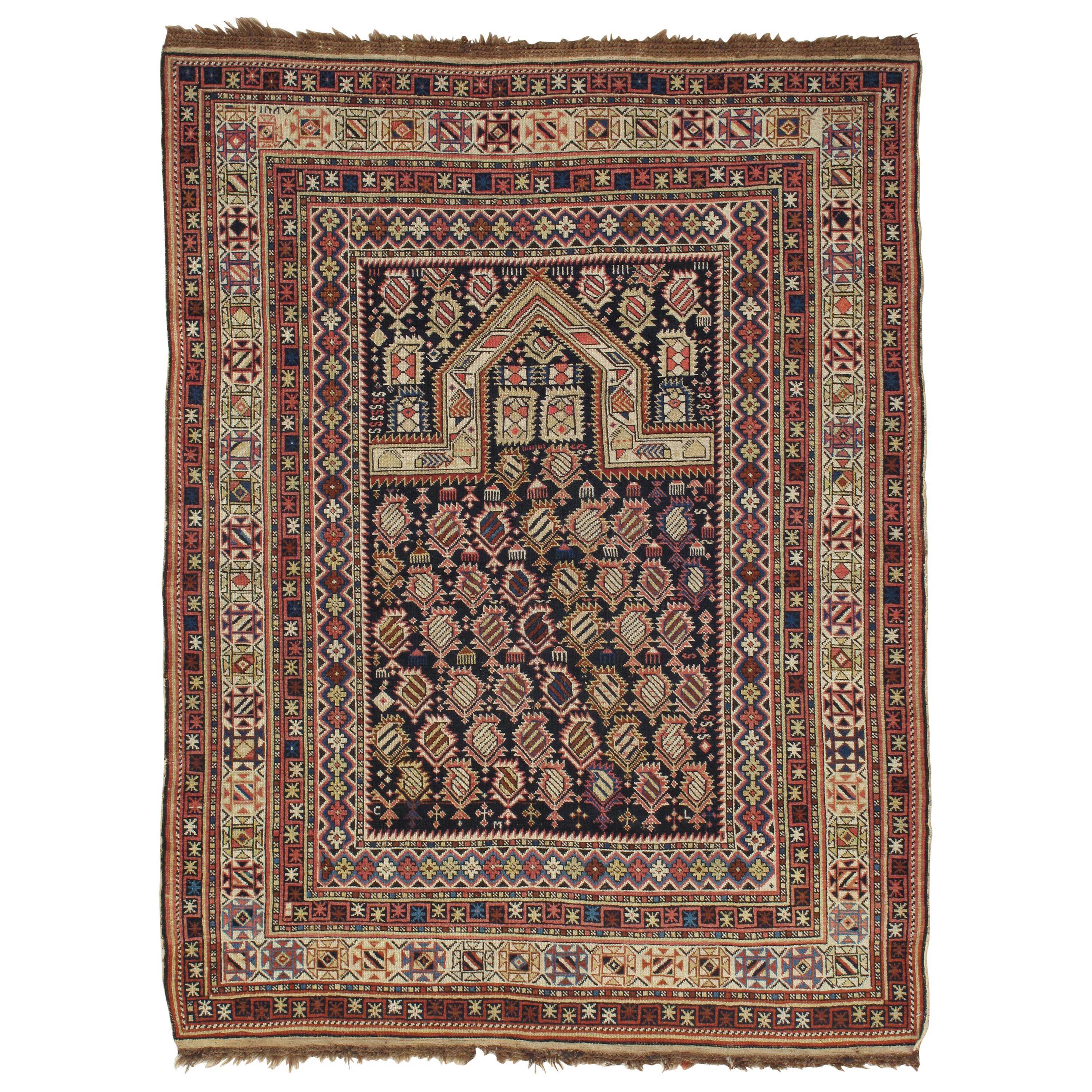 Marineblauer antiker Marasali Shirvan-Gebetteppich, handgeknüpft, Orientteppich aus Wolle