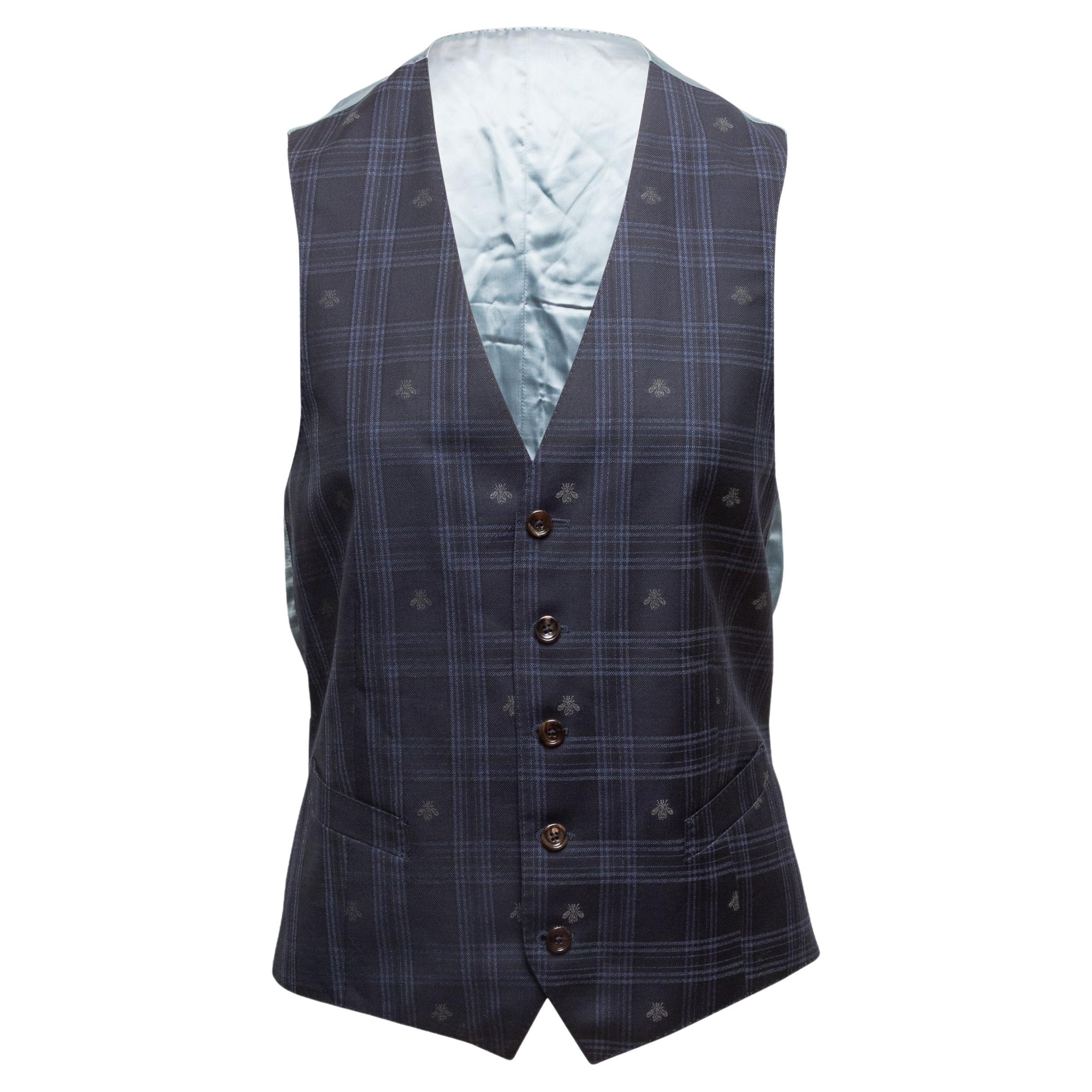 Navy Gucci Plaid Bee Motif Waistcoat Vest Size Size IT 46