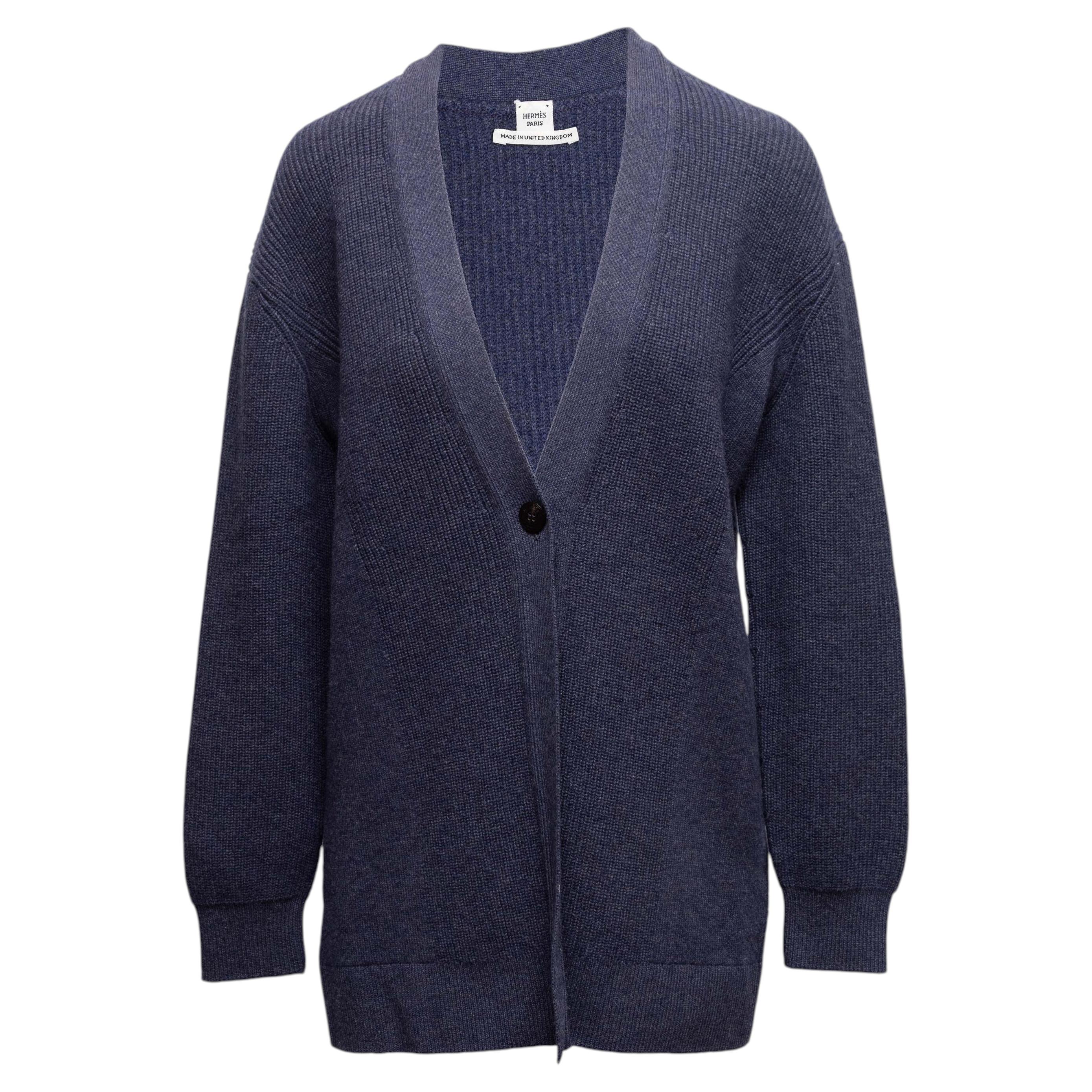 Navy Hermes Cashmere V-Neck Longline Cardigan
