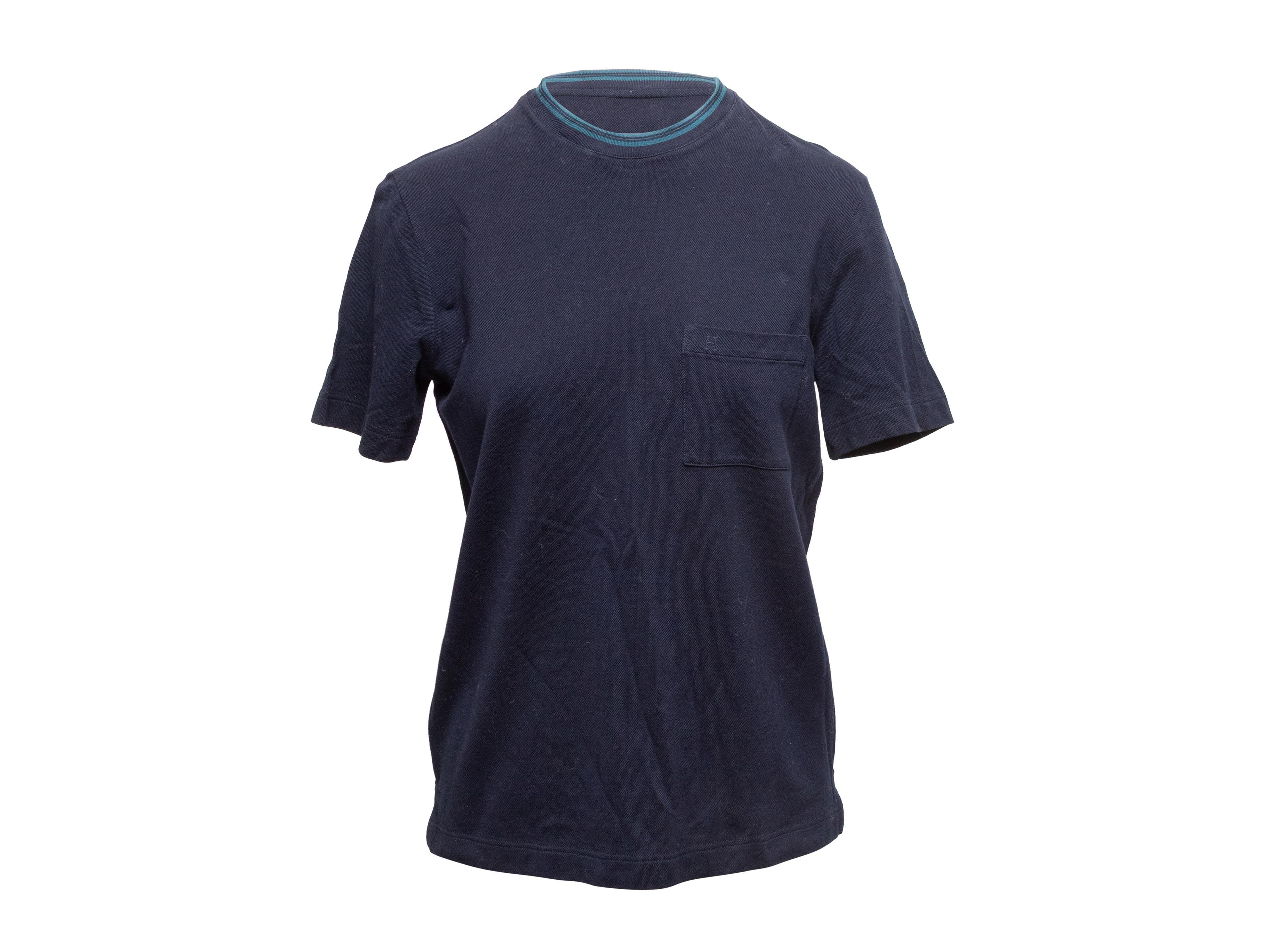 Navy short sleeve T-shirt by Hermes. Crew neck. Single pocket at bust. 38