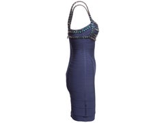 Marineblaues, mit Kristallen verziertes Mini-Bandage-Kleid von Hervé Léger, Größe US M
