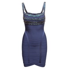 Marineblaues, mit Kristallen verziertes Mini-Bandage-Kleid von Hervé Léger, Größe US M