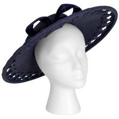 Vintage Navy Hole-Punched Straw Wide Brimmed Sun Hat, Oh La La! - Small, 1950s