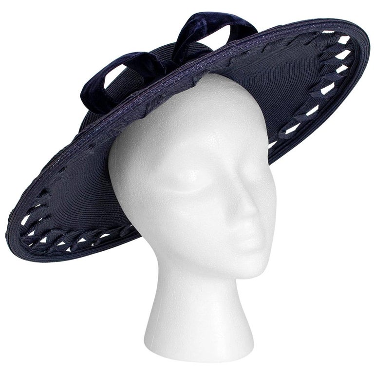 Navy HolePunched Straw Wide Brimmed Sun Hat, Oh La La! Small, 1950s For Sale at 1stDibs