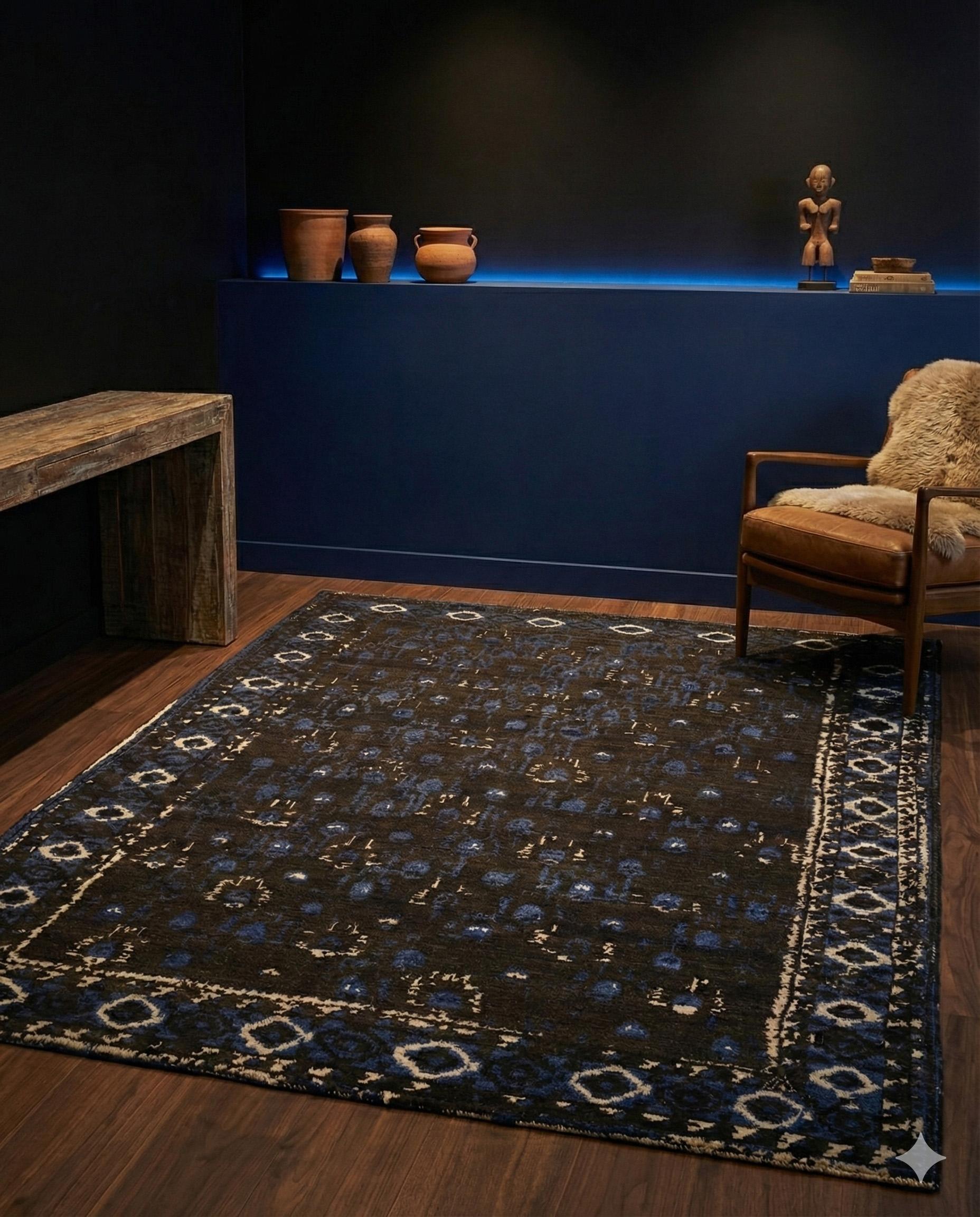 Dieser zeitgenössische handgeknüpfte Wollteppich aus Indien hat ein vielseitiges Raumformat von 8 ft 0 in x 9 ft 9 in (ca. 2,44 m x 2,97 m). Er besteht aus einer strapazierfähigen Baumwollbasis mit mitteldickem Flor und eignet sich gut für