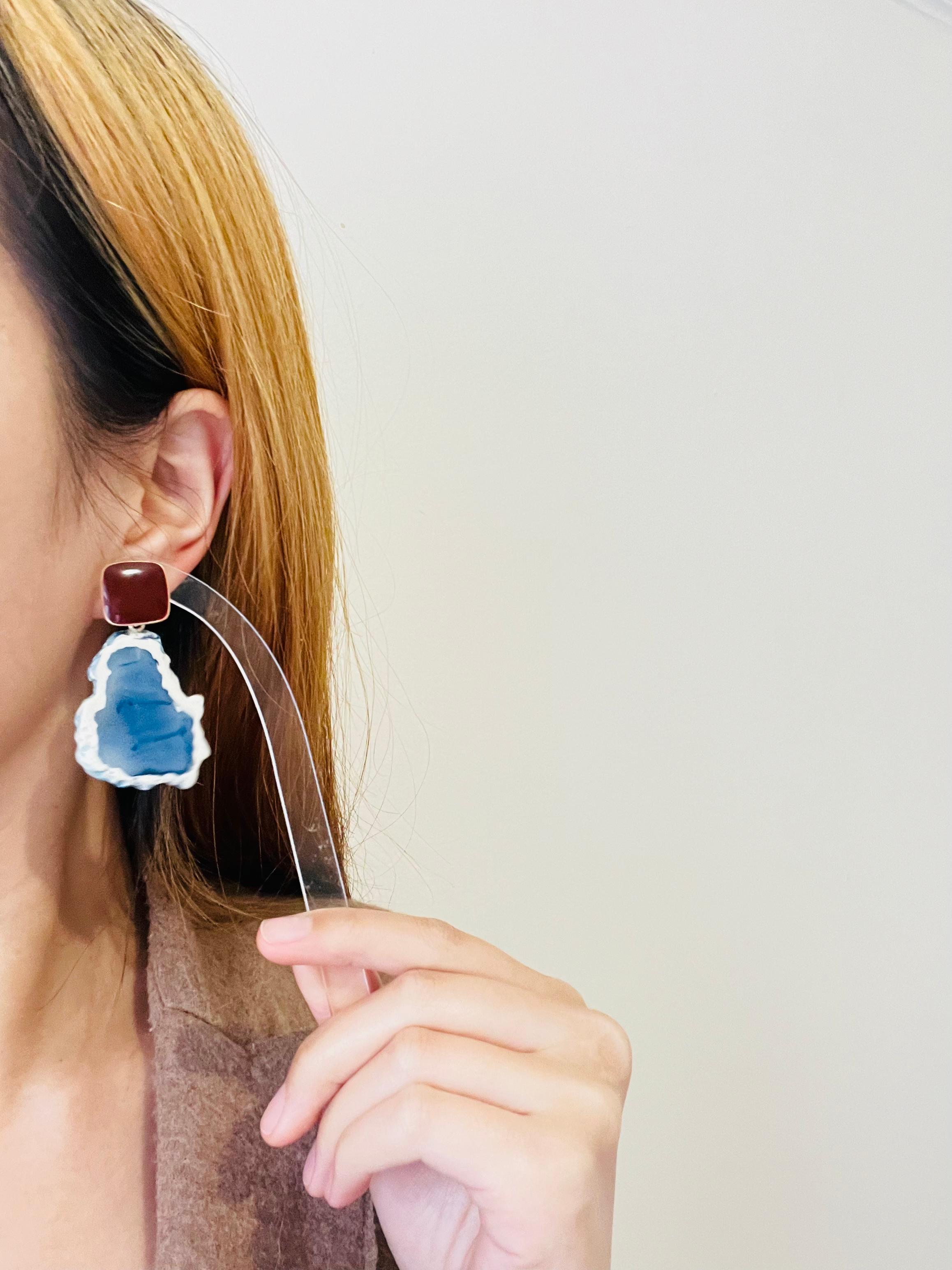 Navy Irregular Sea Stone Agate Burgundy Enamel Square Elegant Drop Earrings For Sale 1