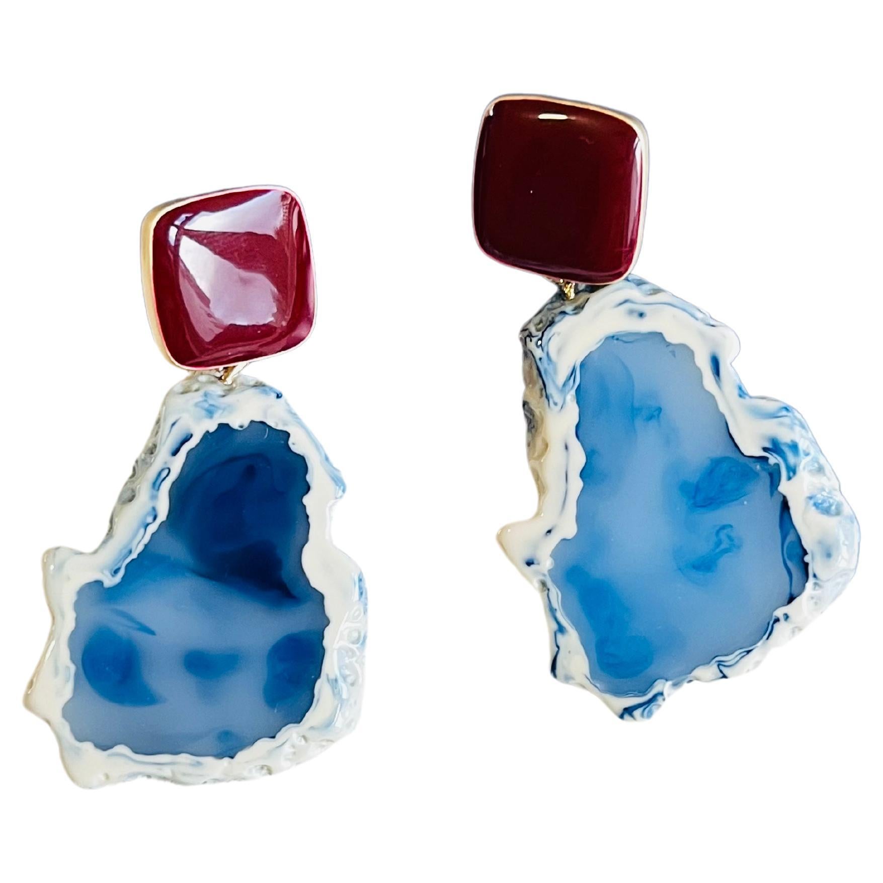 Navy Irregular Sea Stone Agate Burgundy Enamel Square Elegant Drop Earrings For Sale