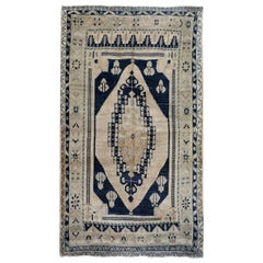 Navy, Ivory and Beige Handmade Wool Turkish Old Anatolian Konya Distressed Rug