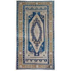 Navy, Ivory and Gold Handmade Wool Turkish Old Anatolian Konya Distressed Rug