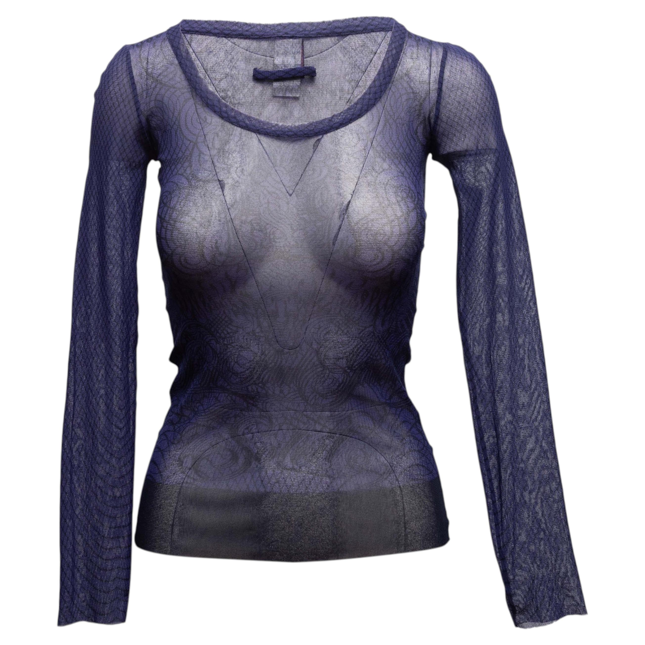 Marineblaues Jean Paul Gaultier Soleil Langarm-Oberteil aus Mesh