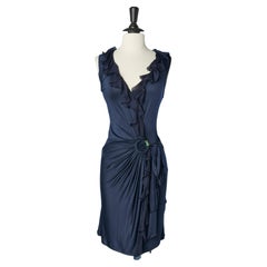 Abito da cocktail in jersey navy con volant in chiffon di seta Roberto Cavalli