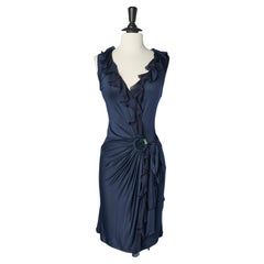 Navy jersey wrap cocktail dress with silk chiffon ruffles Roberto Cavalli 