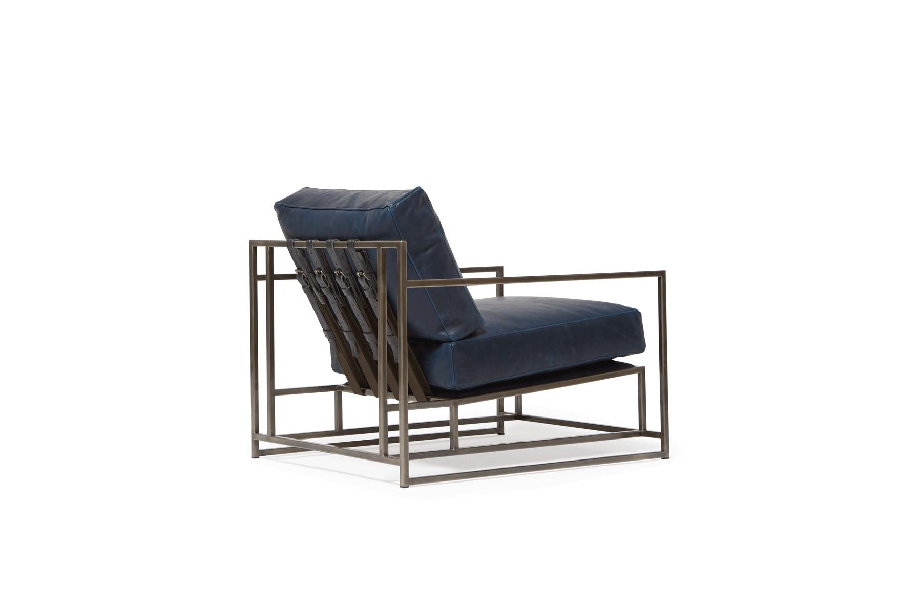 Modern Navy Leather and Antique Nickel Armchair For Sale