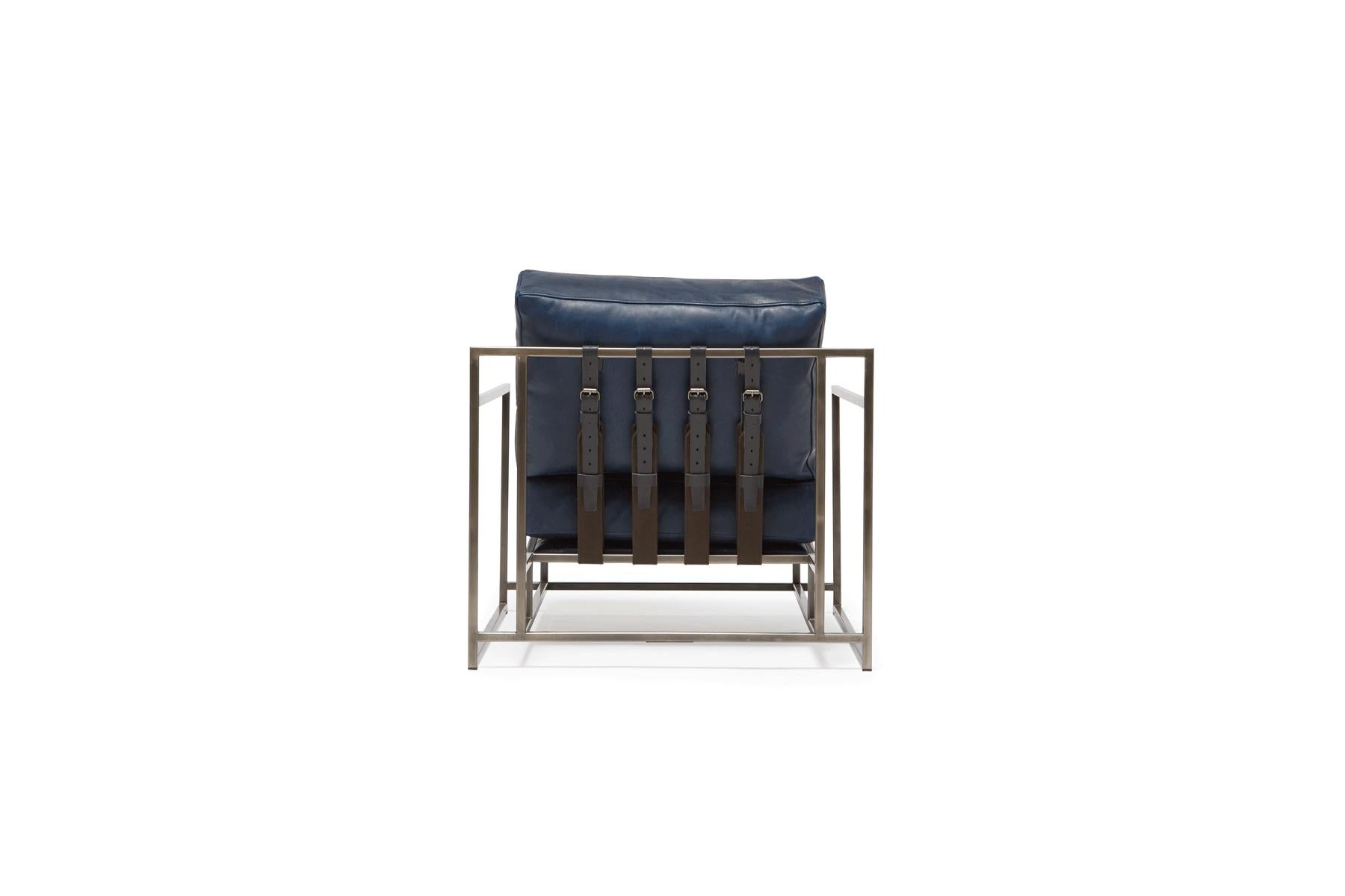 Metalwork Navy Leather and Antique Nickel Armchair For Sale
