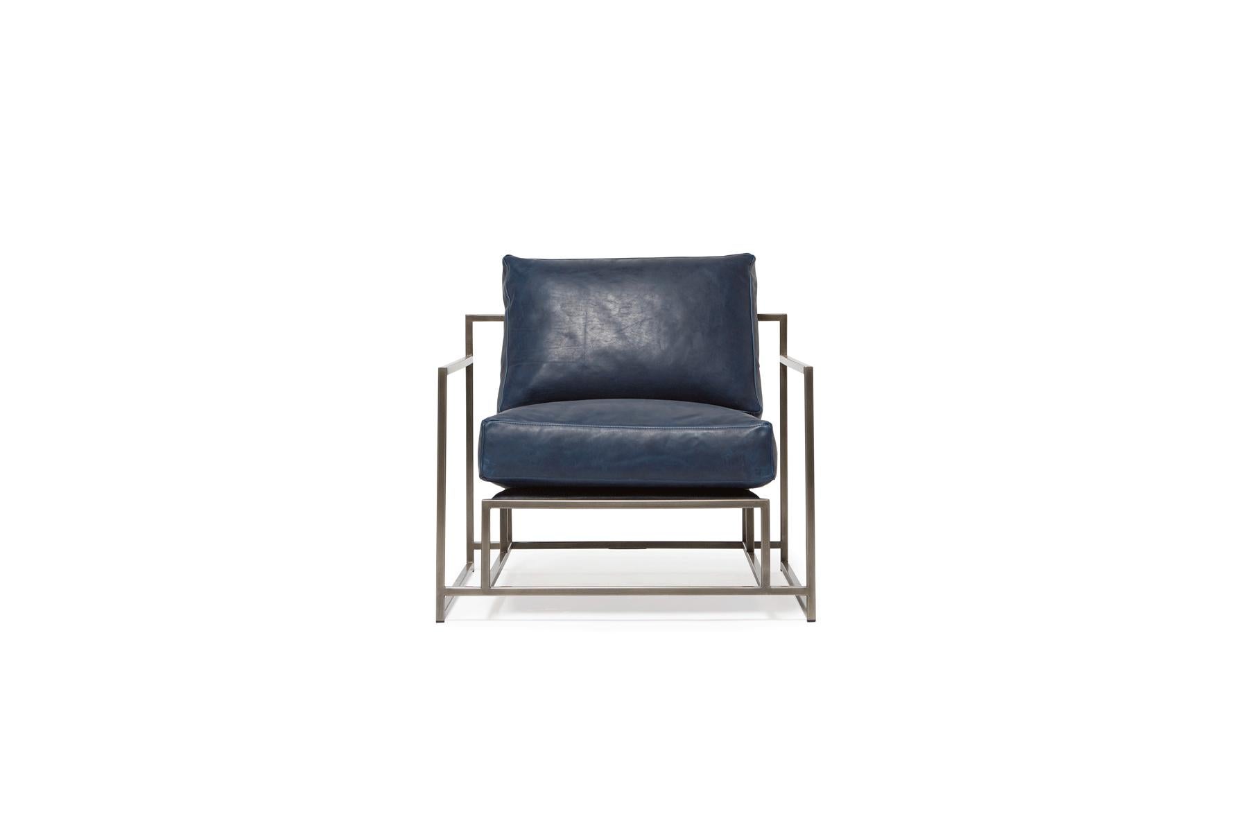 Navy Leather and Antique Nickel Armchair In New Condition For Sale In Los Angeles, CA